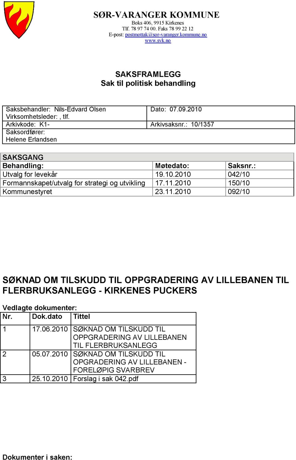 : 10/1357 Saksordfører: Helene Erlandsen SAKSGANG Behandling: Møtedato: Saksnr.: Utvalg for levekår 19.10.2010 042/10 Formannskapet/utvalg for strategi og utvikling 17.11.2010 150/10 Kommunestyret 23.