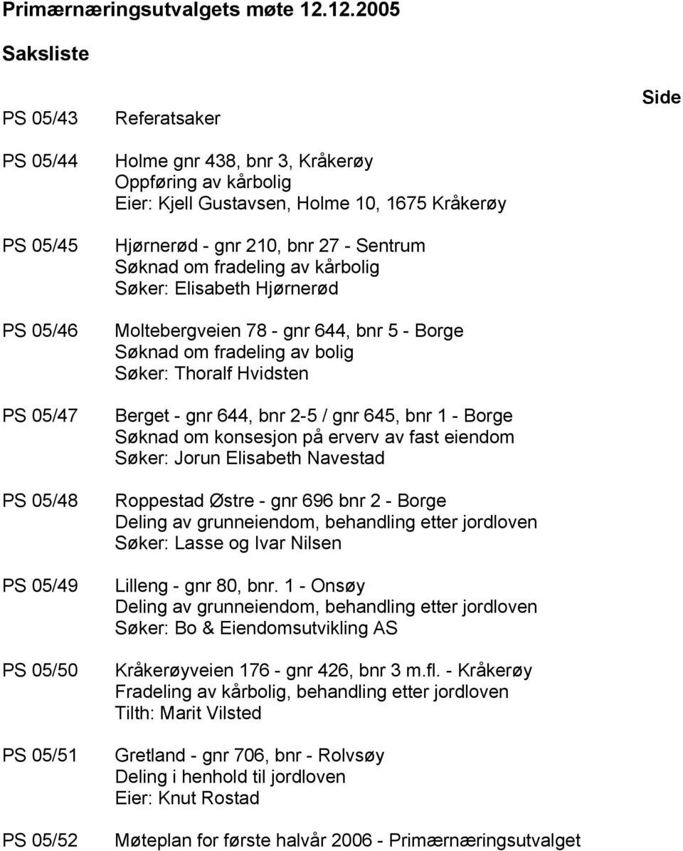 Holme 10, 1675 Kråkerøy Hjørnerød - gnr 210, bnr 27 - Sentrum Søknad om fradeling av kårbolig Søker: Elisabeth Hjørnerød Moltebergveien 78 - gnr 644, bnr 5 - Borge Søknad om fradeling av bolig Søker: