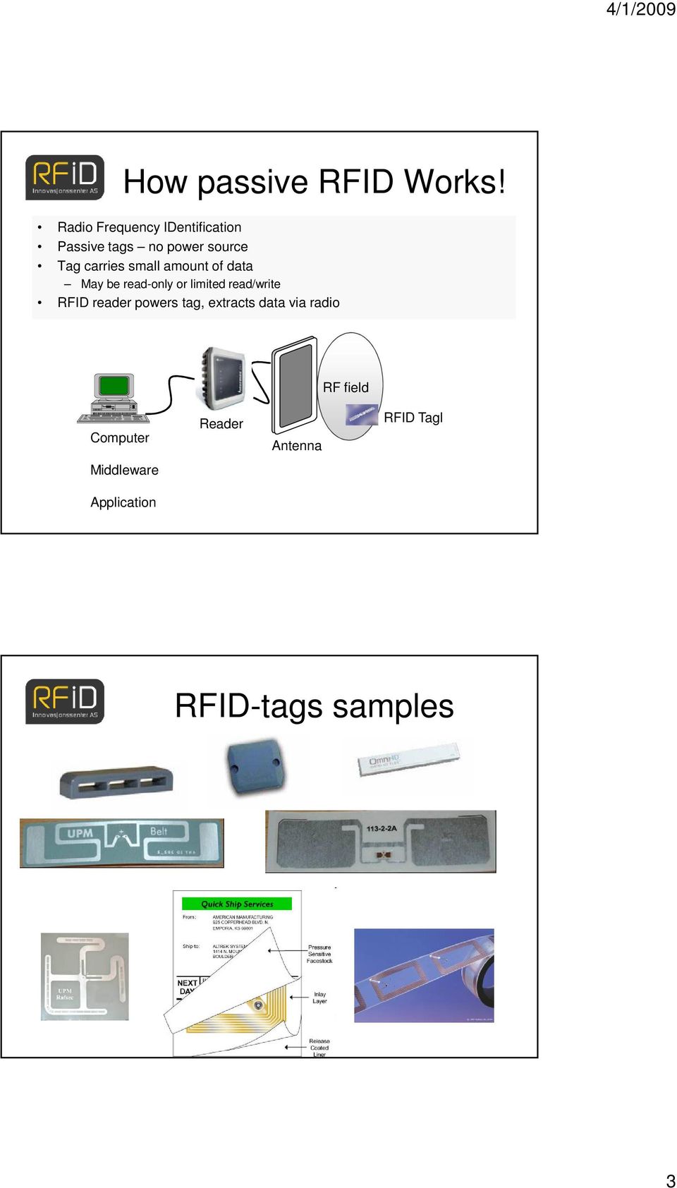 small amount of data May be read-only or limited read/write RFID reader