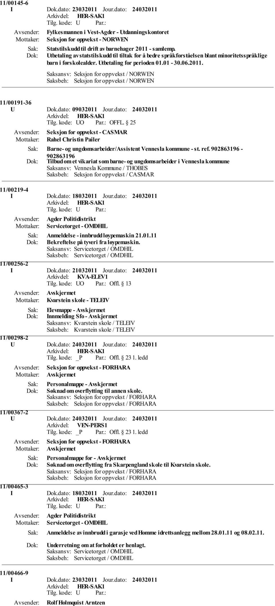 Saksansv: Seksjon for oppvekst / NORWEN Saksbeh: Seksjon for oppvekst / NORWEN 11/00191-36 U Dok.dato: 09032011 Jour.