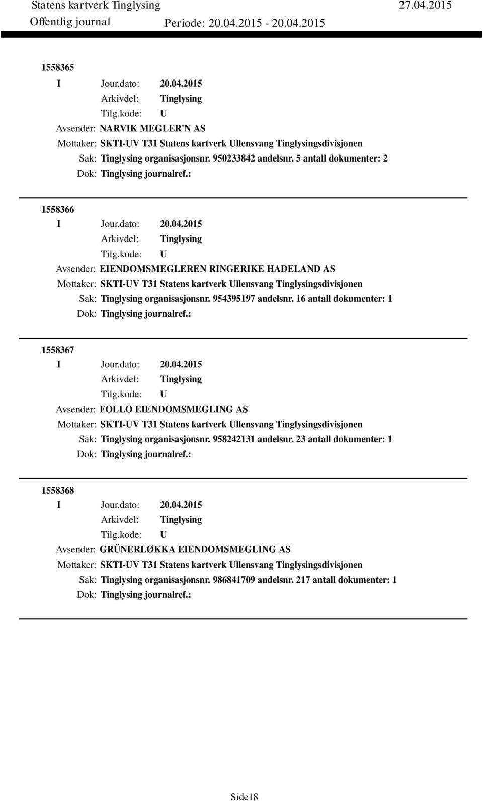 16 antall dokumenter: 1 Dok: journalref.: 1558367 Avsender: FOLLO EIENDOMSMEGLING AS Mottaker: SKTI-V T31 Statens kartverk llensvang sdivisjonen Sak: organisasjonsnr. 958242131 andelsnr.