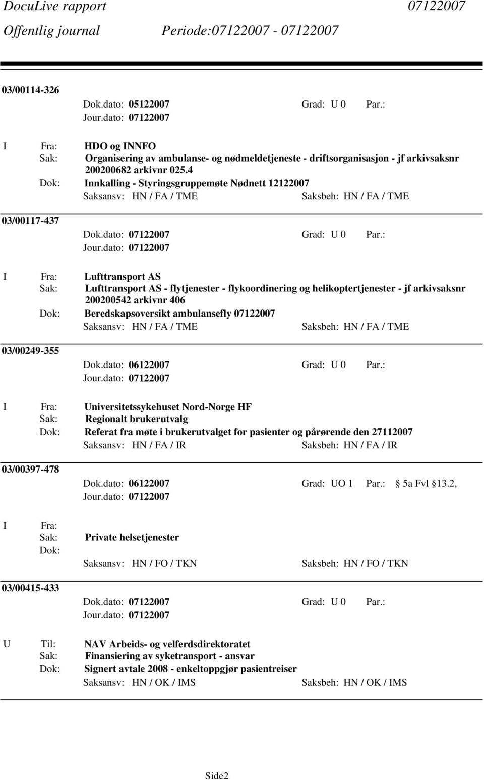 : I Fra: Lufttransport AS Lufttransport AS - flytjenester - flykoordinering og helikoptertjenester - jf arkivsaksnr 200200542 arkivnr 406 Beredskapsoversikt ambulansefly 07122007 Saksansv: HN / FA /