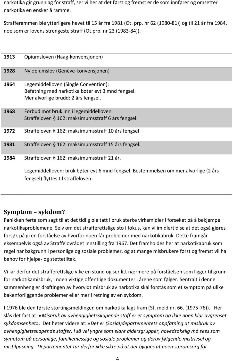 1913 Opiumsloven (Haag-konvensjonen) 1928 Ny opiumslov (Genève-konvensjonen) 1964 Legemiddelloven (Single Convention): Befatning med narkotika bøter evt 3 mnd fengsel.