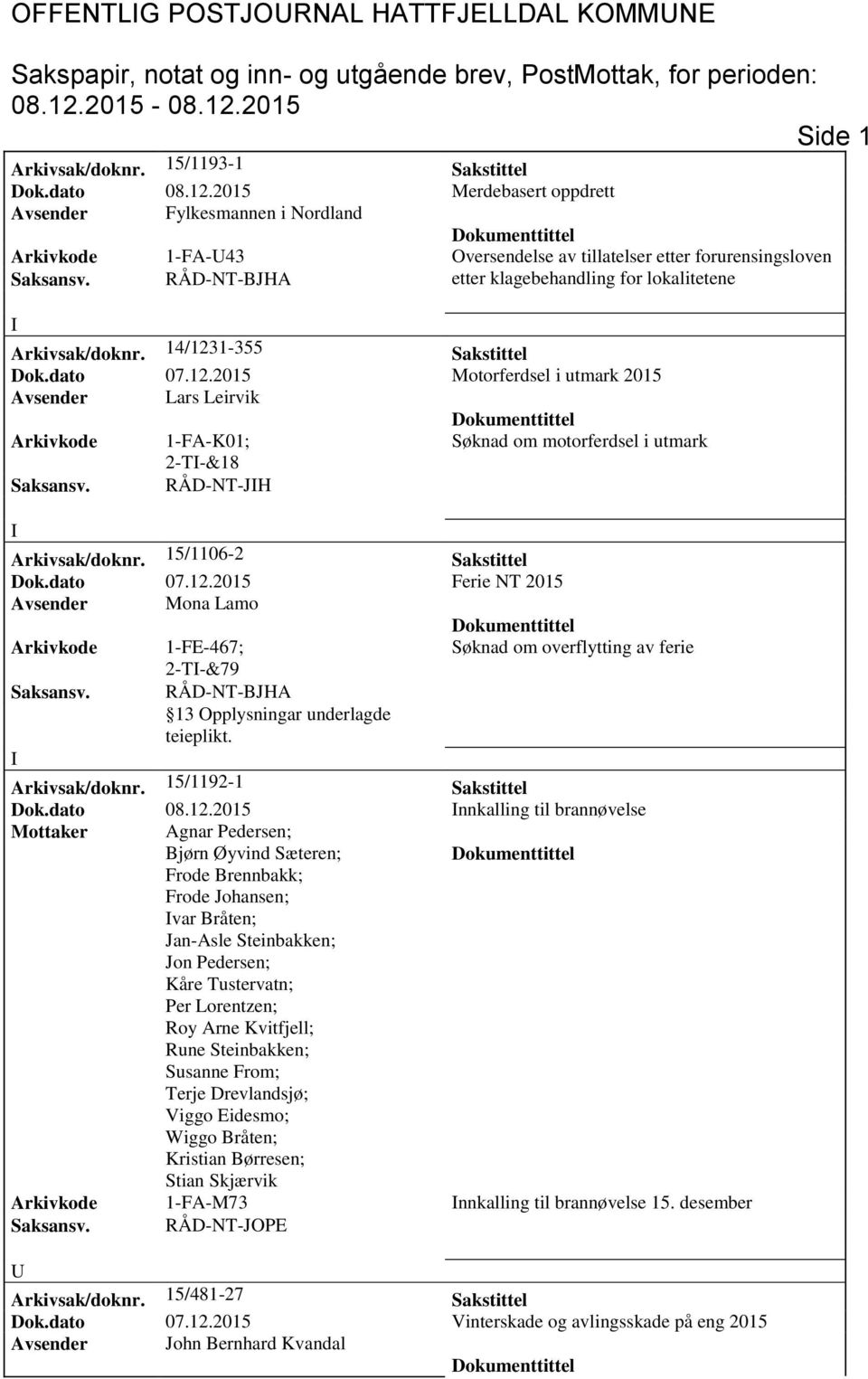 14/1231-355 Sakstittel Dok.dato 07.12.2015 Motorferdsel i utmark 2015 Avsender Lars Leirvik Søknad om motorferdsel i utmark 2-T-&18 Saksansv. RÅD-NT-JH Arkivsak/doknr. 15/1106-2 Sakstittel Dok.