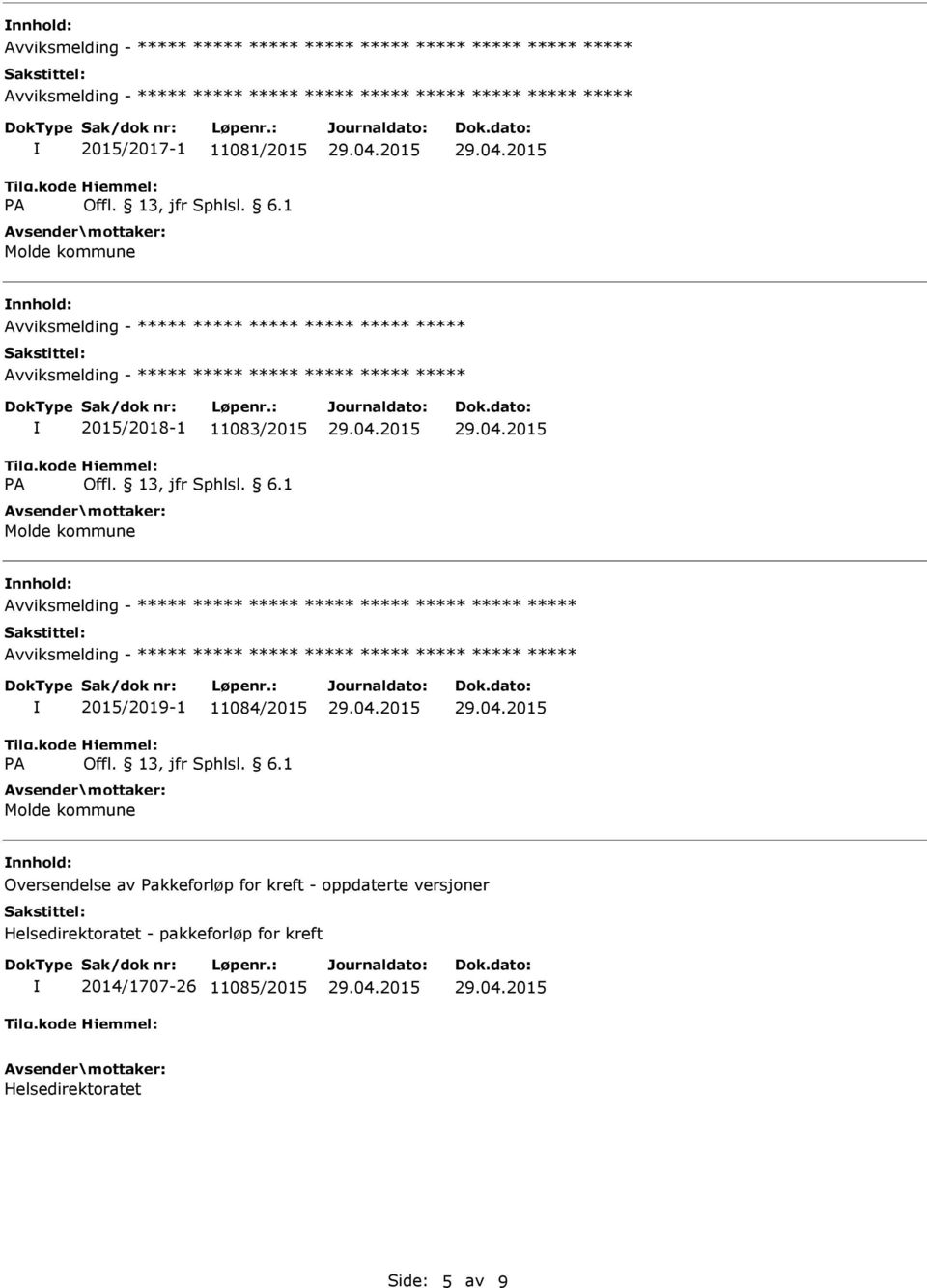 2015/2019-1 11084/2015 Molde kommune Oversendelse av Pakkeforløp for kreft - oppdaterte