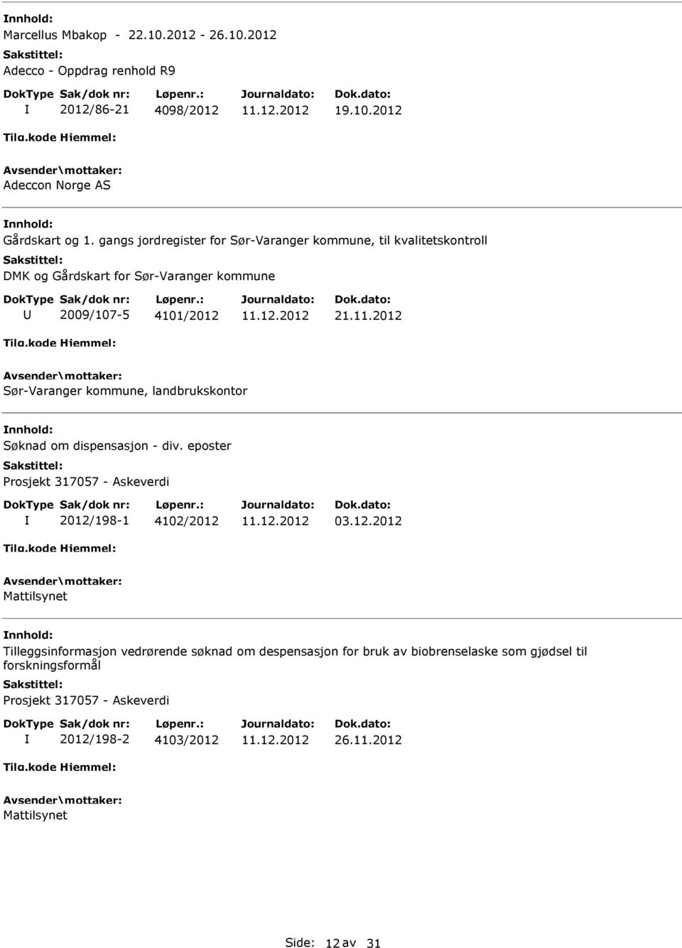 2012 Sør-Varanger kommune, landbrukskontor Søknad om dispensasjon - div. eposter Prosjekt 317057 - Askeverdi 2012/198-1 4102/2012 03.12.2012 Mattilsynet