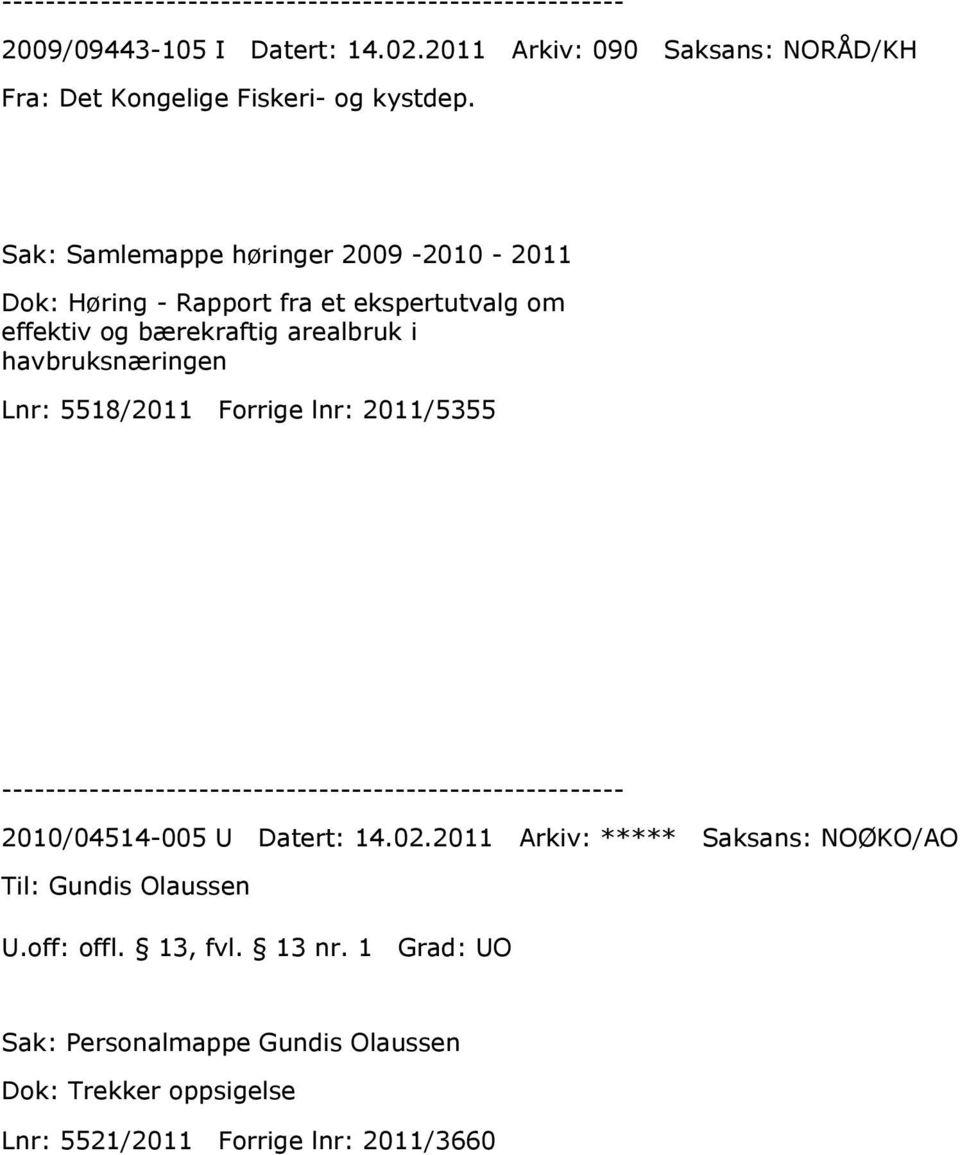 arealbruk i havbruksnæringen Lnr: 5518/2011 Forrige lnr: 2011/5355 2010/04514-005 U Datert: 14.02.