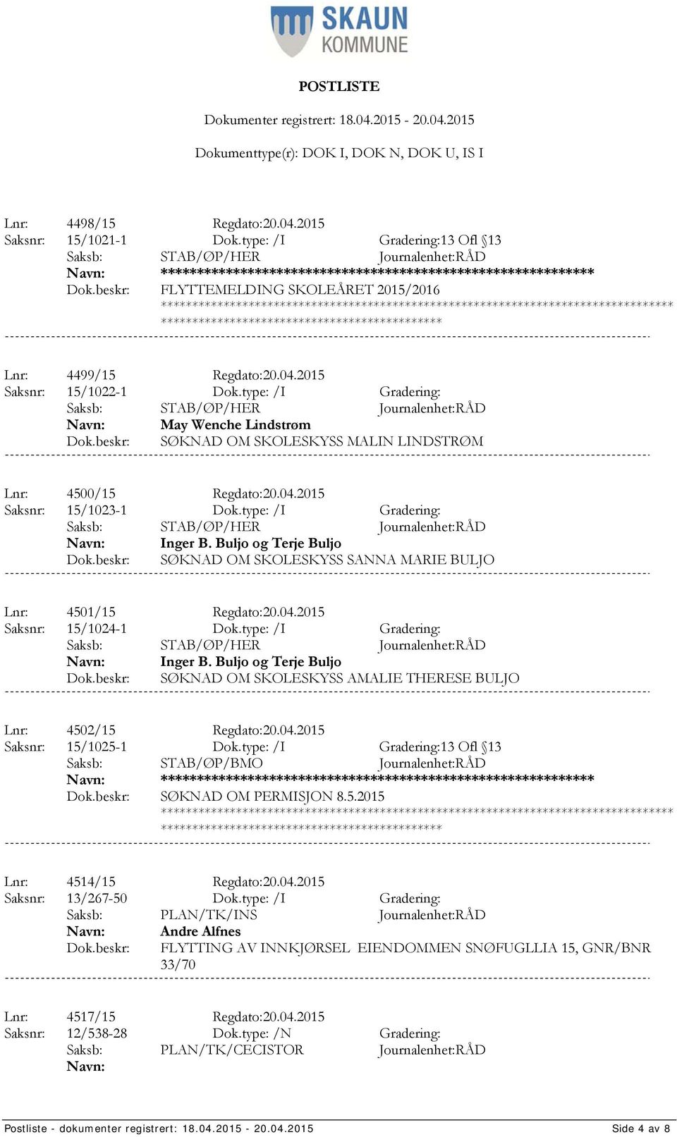 Buljo og Terje Buljo SØKNAD OM SKOLESKYSS SANNA MARIE BULJO Lnr: 4501/15 Regdato:20.04.2015 Saksnr: 15/1024-1 Dok.type: /I Gradering: Inger B.