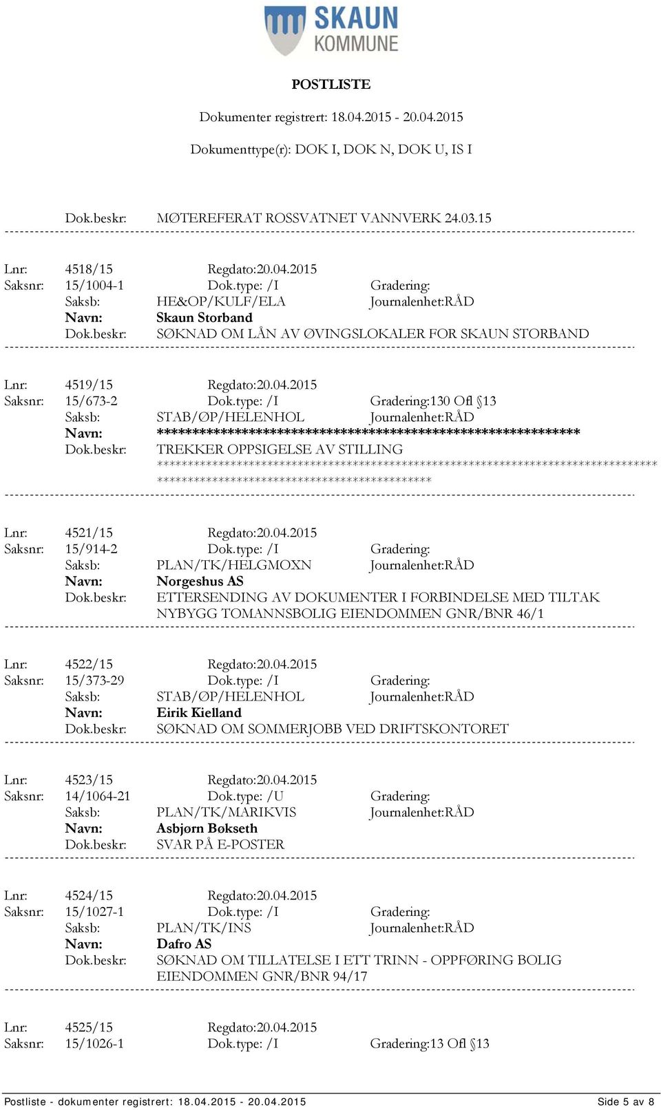 type: /I Gradering:130 Ofl 13 *************** TREKKER OPPSIGELSE AV STILLING ************************************* Lnr: 4521/15 Regdato:20.04.2015 Saksnr: 15/914-2 Dok.