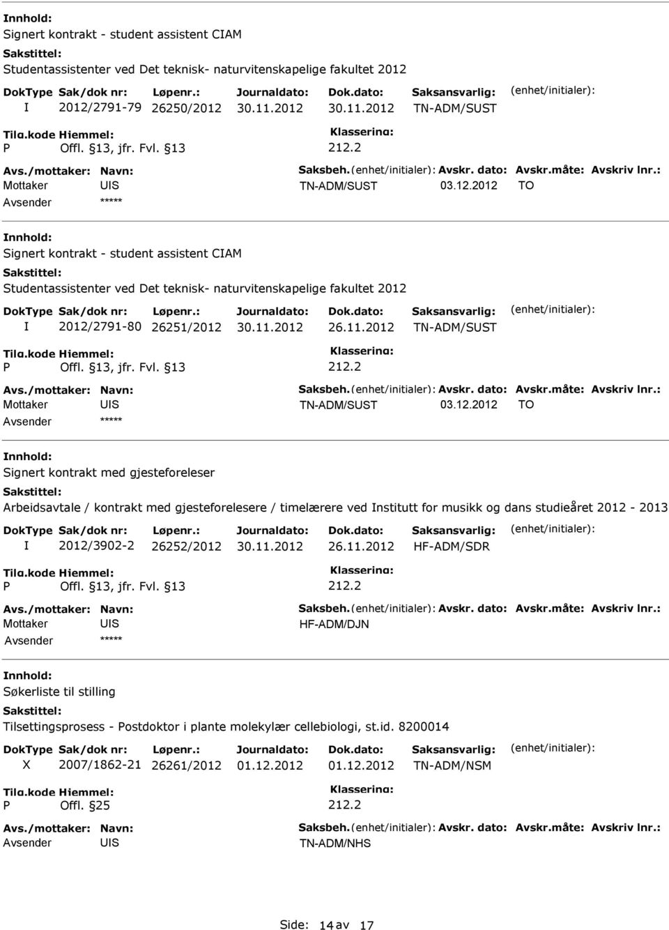 Arbeidsavtale / kontrakt med gjesteforelesere / timelærere ved nstitutt for musikk og dans studieåret 2012-2013 2012/3902-2 262/2012 26.11.