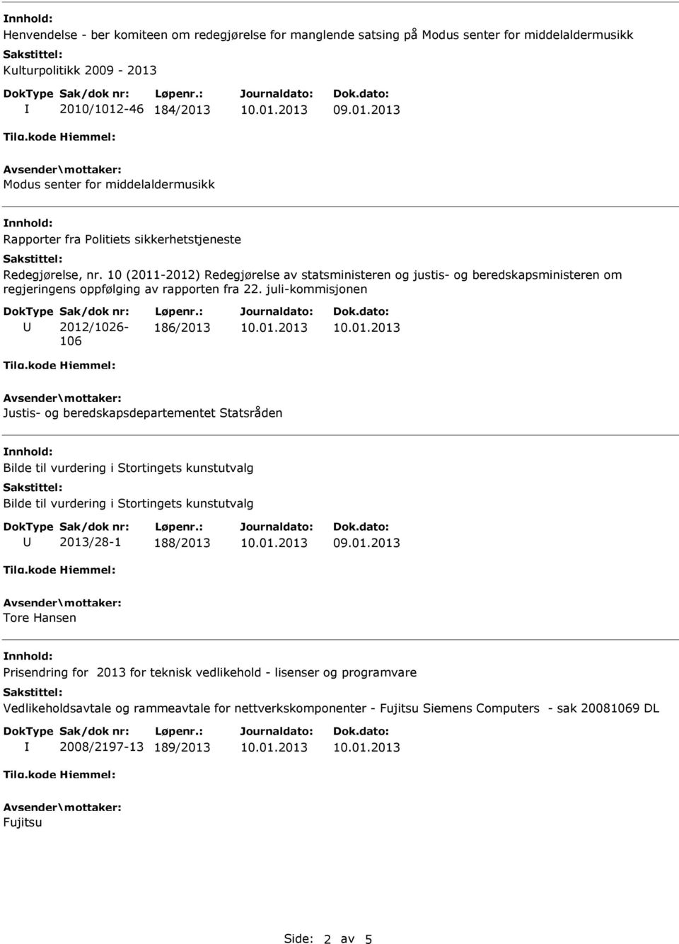 juli-kommisjonen 2012/1026-106 186/2013 Bilde til vurdering i Stortingets kunstutvalg Bilde til vurdering i Stortingets kunstutvalg 2013/28-1 188/2013 Tore Hansen Prisendring for 2013 for