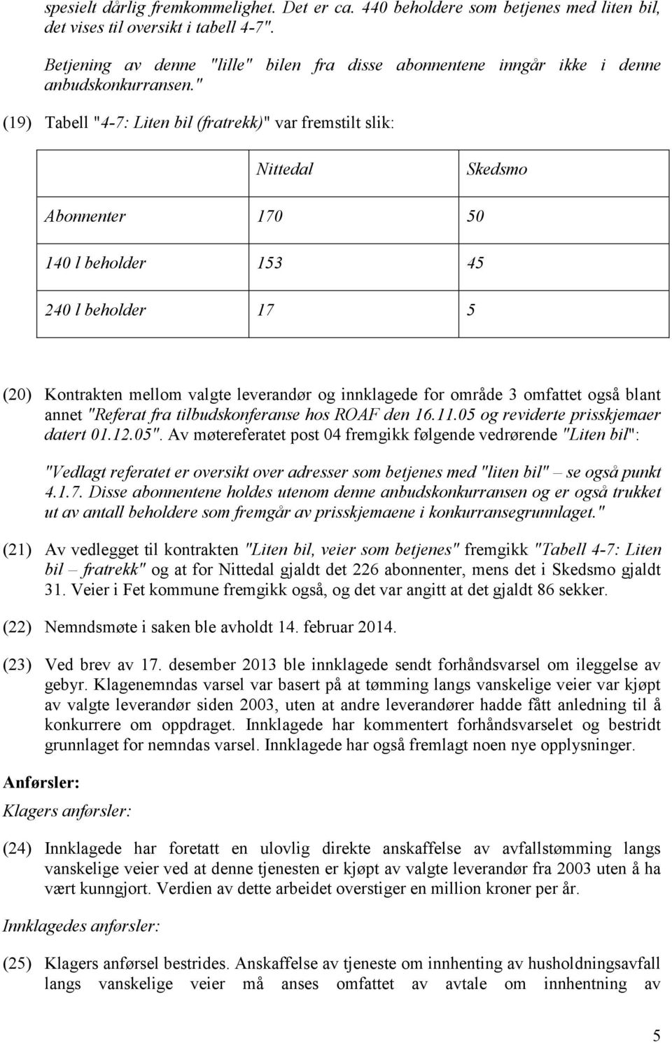 " (19) Tabell "4-7: Liten bil (fratrekk)" var fremstilt slik: Nittedal Skedsmo Abonnenter 170 50 140 l beholder 153 45 240 l beholder 17 5 (20) Kontrakten mellom valgte leverandør og innklagede for