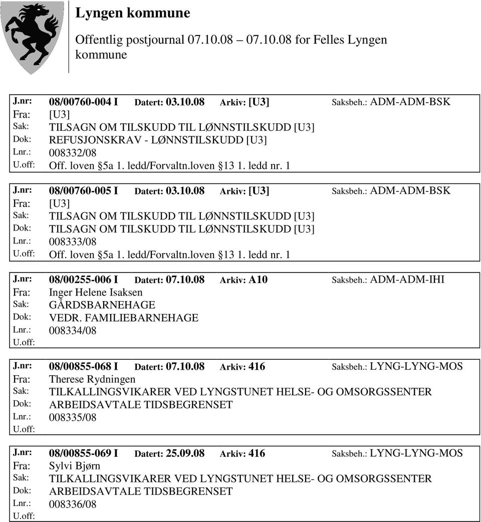 : ADM-ADM-BSK Sak: TILSAGN OM TILSKUDD TIL LØNNSTILSKUDD [U3] Dok: TILSAGN OM TILSKUDD TIL LØNNSTILSKUDD [U3] Lnr.: 008333/08 Off. loven 5a 1. ledd/forvaltn.loven 13 1. ledd nr. 1 J.