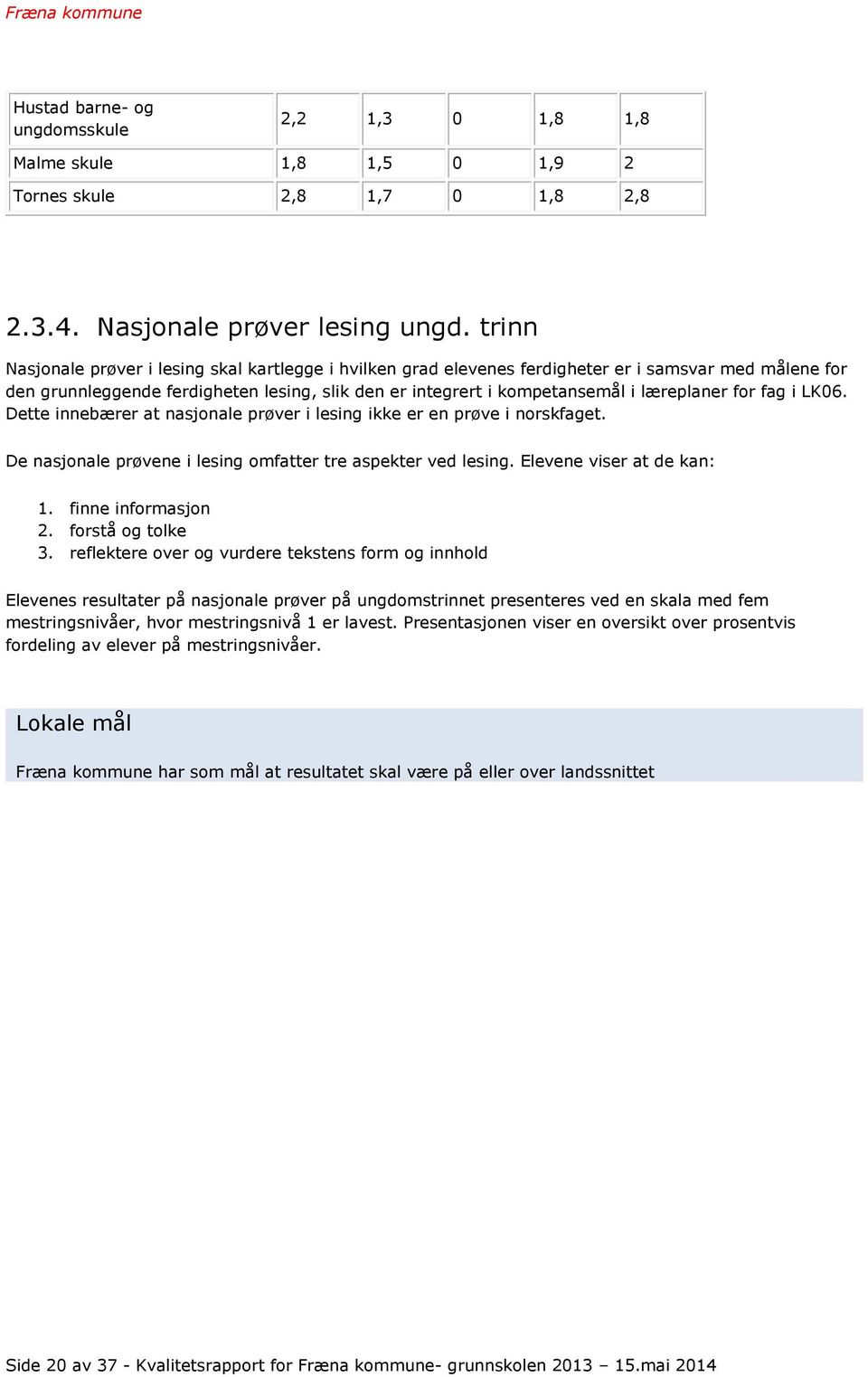 for fag i LK06. Dette innebærer at nasjonale prøver i lesing ikke er en prøve i norskfaget. De nasjonale prøvene i lesing omfatter tre aspekter ved lesing. Elevene viser at de kan: 1.