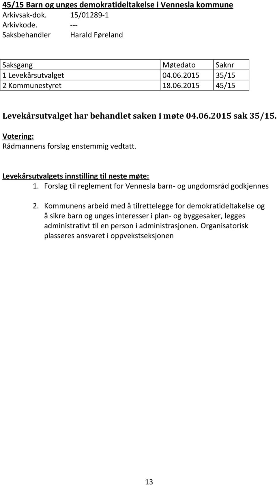 Levekårsutvalgets innstilling til neste møte: 1. Forslag til reglement for Vennesla barn- og ungdomsråd godkjennes 2.