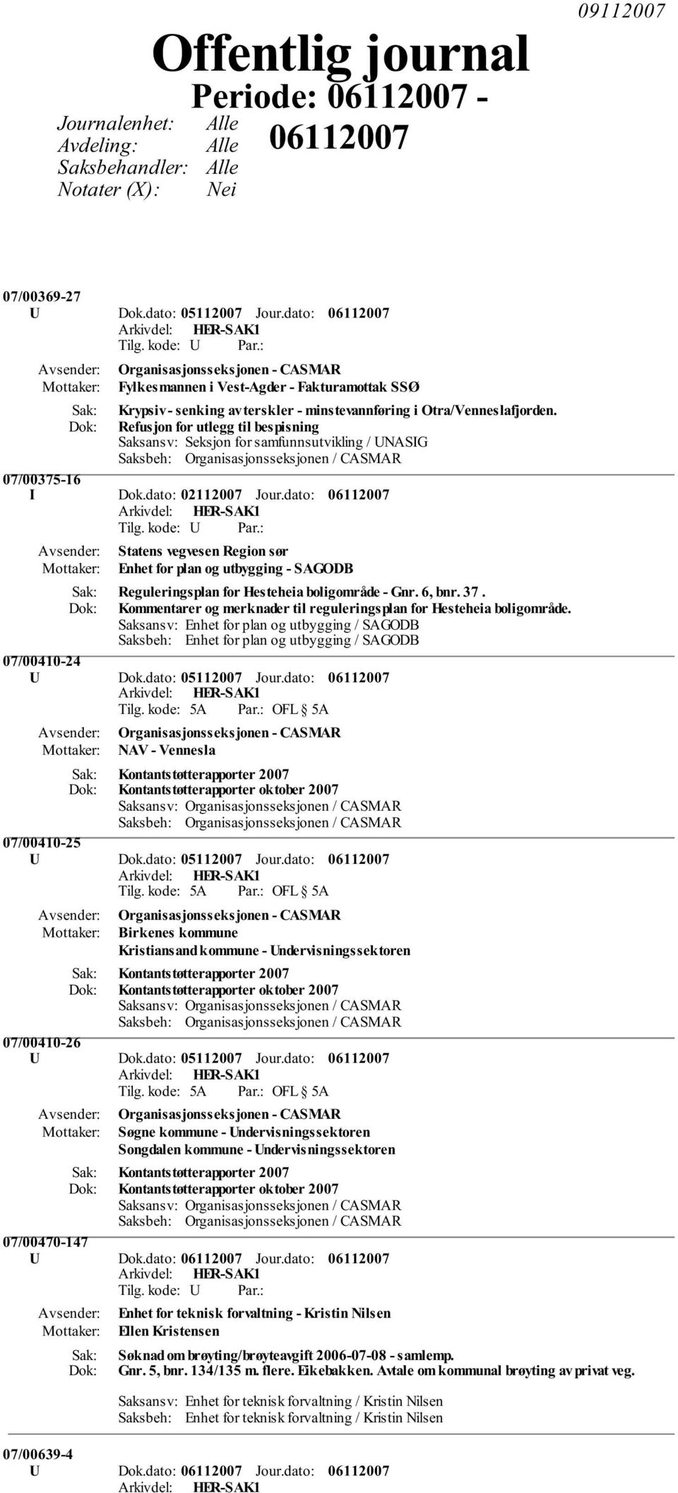 Refusjon for utlegg til bespisning Saksansv: Seksjon for samfunnsutvikling / UNASIG Saksbeh: Organisasjonsseksjonen / CASMAR 07/00375-16 I Dok.dato: 02112007 Jour.