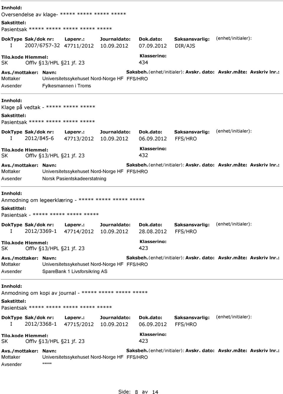 dato: Avskr.måte: Avskriv lnr.: Mottaker niversitetssykehuset Nord-Norge HF Norsk Pasientskadeerstatning Anmodning om legeerklæring - ***** ***** ***** ***** 2012/3369-1 47714/2012 28.08.2012 Avs.