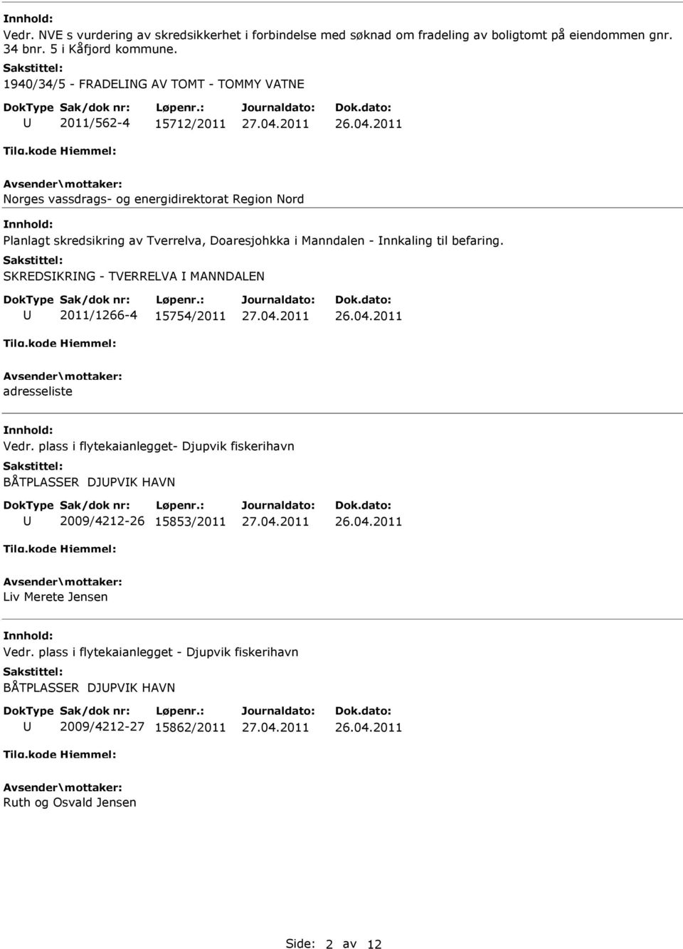 i Manndalen - nnkaling til befaring. SKREDSKRNG - TVERRELVA MANNDALEN 2011/1266-4 15754/2011 adresseliste Vedr.