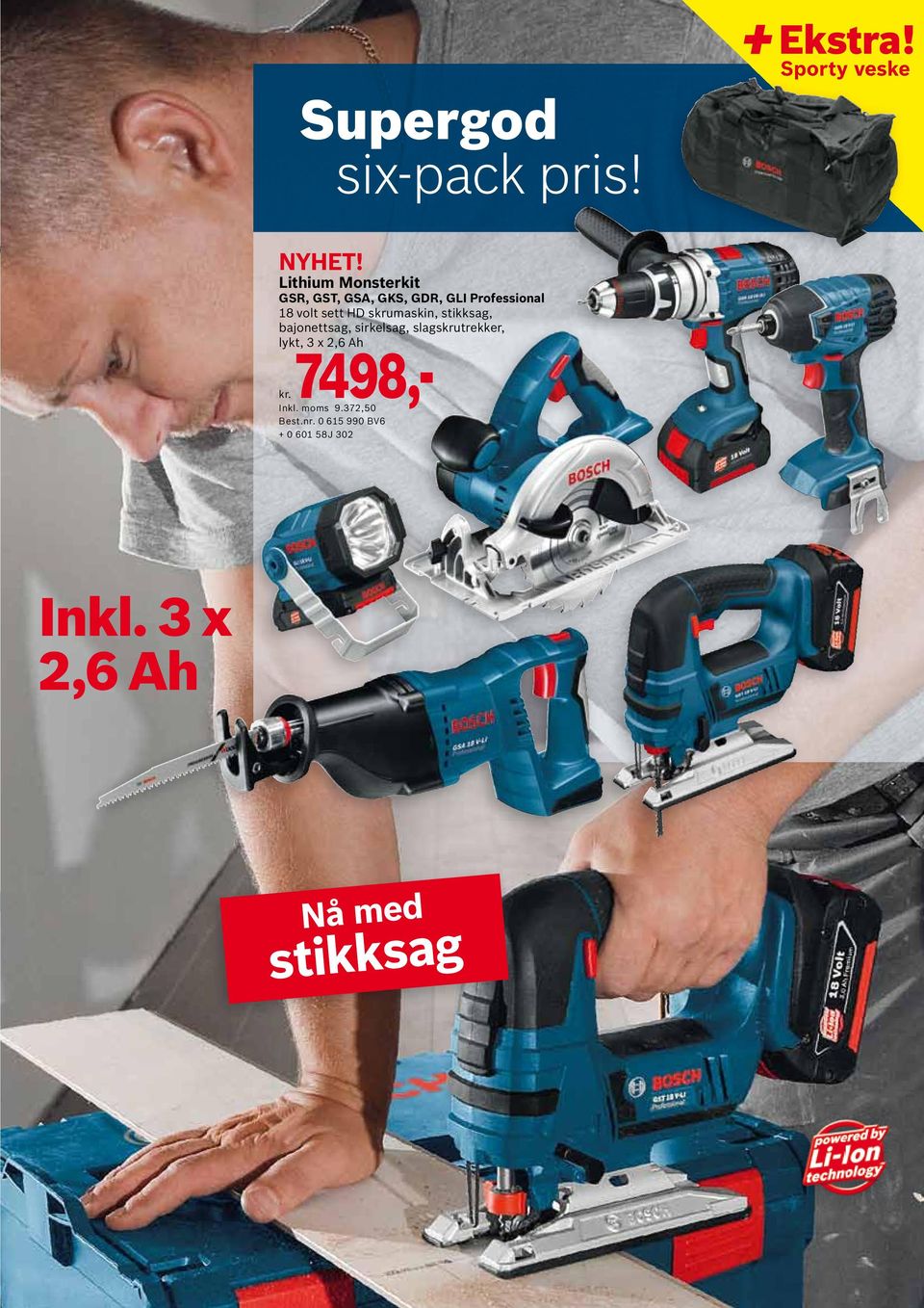 18 volt sett HD skrumaskin, stikksag, bajonettsag, sirkelsag, slagskrutrekker,