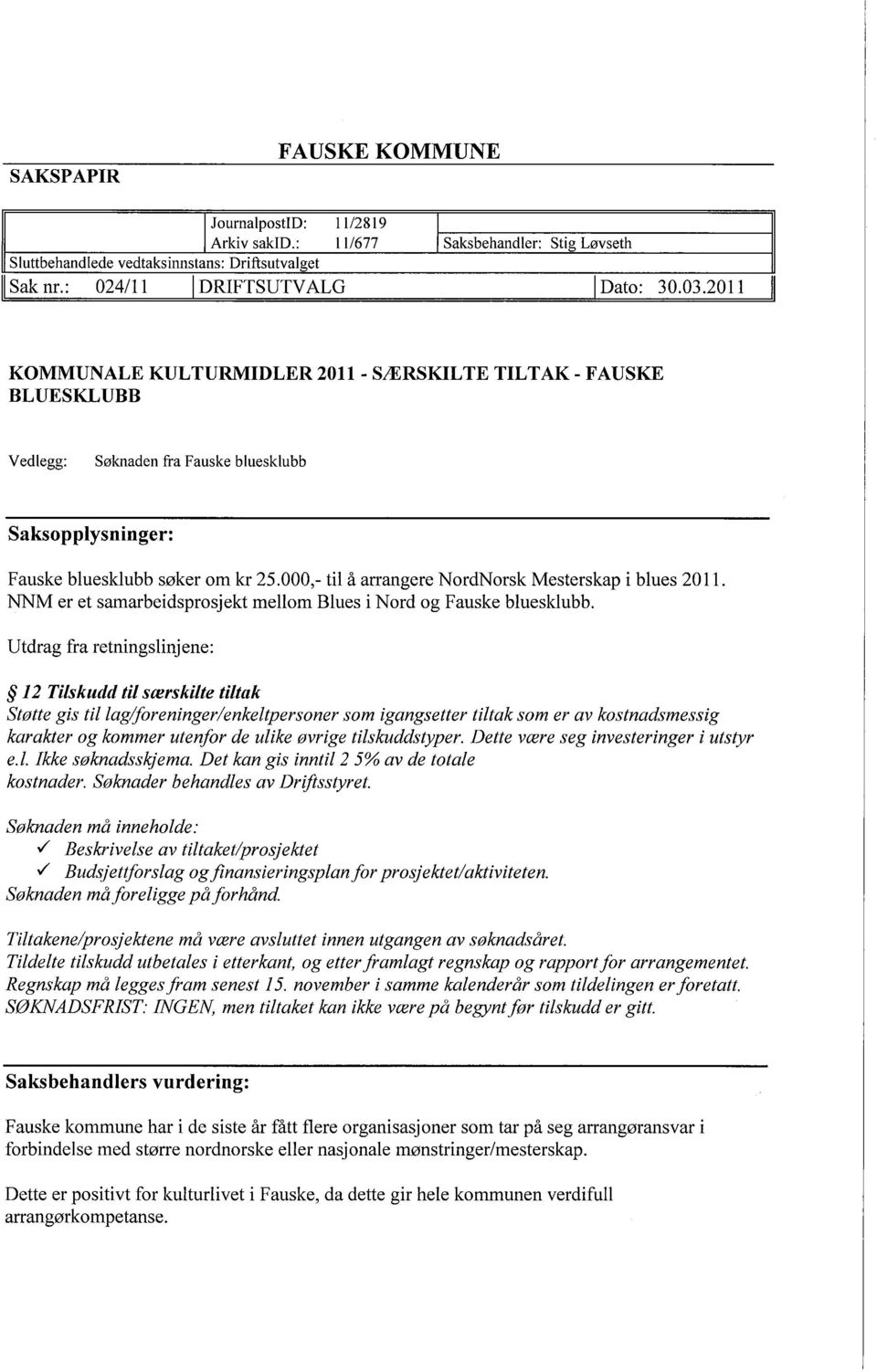 000,- til å arrangere NordNorsk Mesterskap i blues 2011. NNM er et samarbeidsprosjekt mellom Blues i Nord og Fauske bluesklubb.