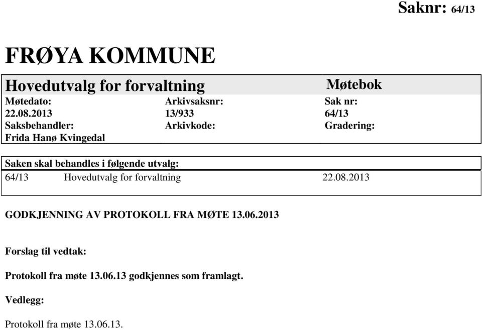 Gradering: Saken skal behandles i følgende utvalg: 64/13 Hovedutvalg for forvaltning 22.08.