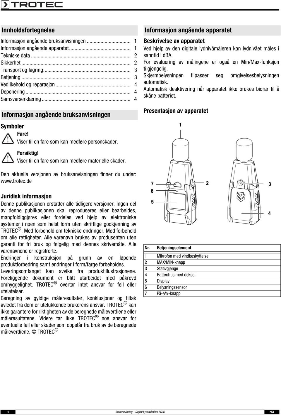 Informasjon angående apparatet Beskrivelse av apparatet Ved hjelp av den digitale lydnivåmåleren kan lydnivået måles i sanntid i dba.