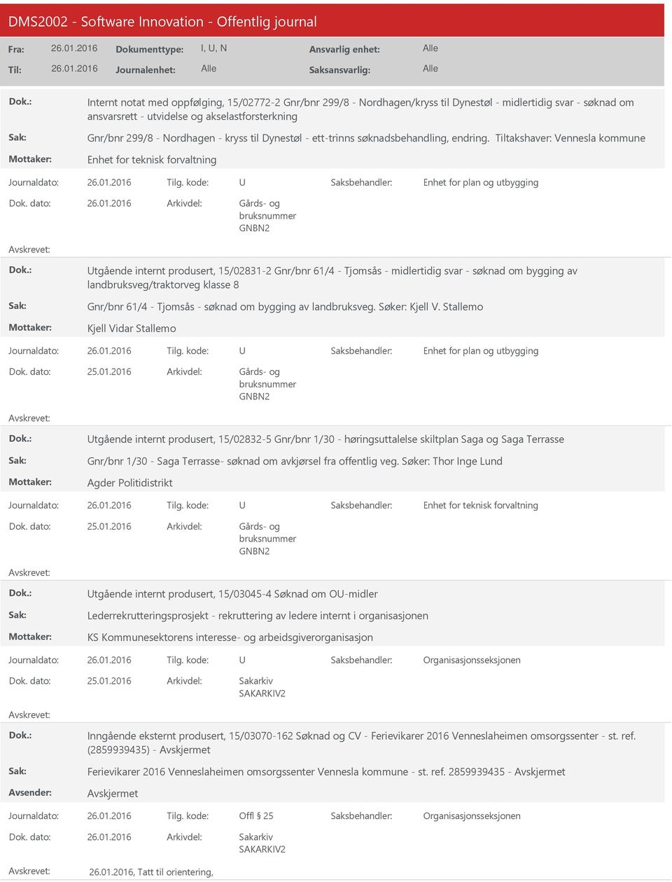 Tiltakshaver: Vennesla kommune tgående internt produsert, 15/02831-2 Gnr/bnr 61/4 - Tjomsås - midlertidig svar - søknad om bygging av landbruksveg/traktorveg klasse 8 Gnr/bnr 61/4 - Tjomsås - søknad