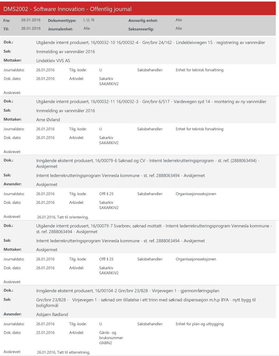 lederrekrutteringsprogram - st. ref. (2888063494) - Internt lederrekrutteringsprogram Vennesla kommune - st. ref. 2888063494 -, Tatt til orientering, tgående internt produsert, 16/00079-7 Svarbrev, søknad mottatt - Internt lederrekrutteringsprogram Vennesla kommune - st.