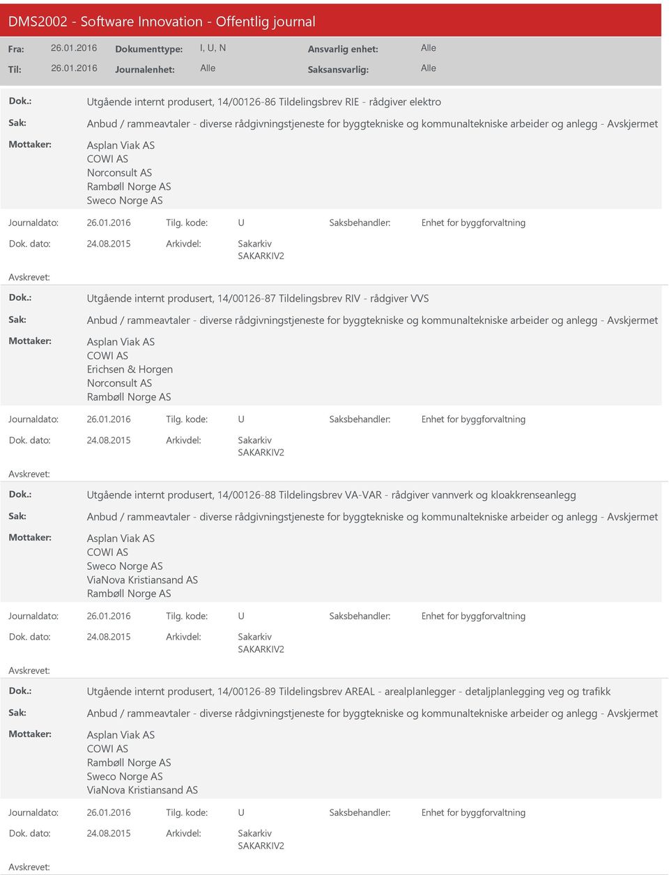 2015 tgående internt produsert, 14/00126-87 Tildelingsbrev RIV - rådgiver VVS Anbud / rammeavtaler - diverse rådgivningstjeneste for byggtekniske og kommunaltekniske arbeider og anlegg - Asplan Viak