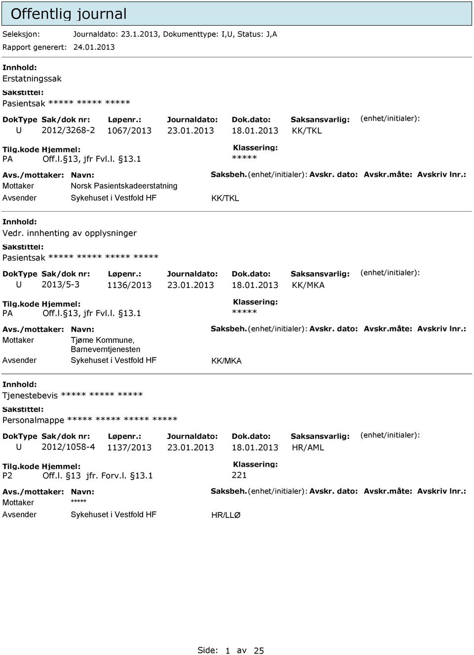 innhenting av opplysninger Pasientsak 2013/5-3 1136/2013 KK/MKA Avs./mottaker: Navn: Saksbeh. Avskr. dato: Avskr.måte: Avskriv lnr.