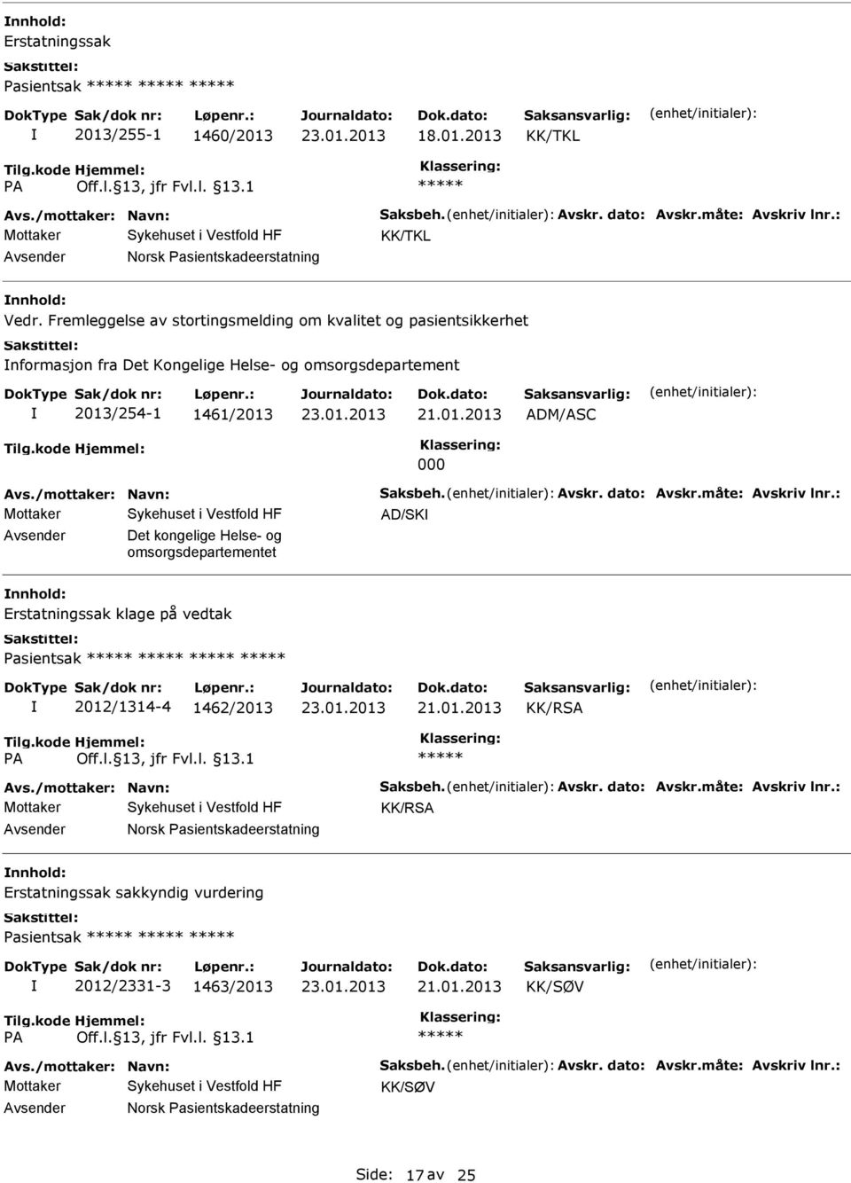 dato: Avskr.måte: Avskriv lnr.: AD/SK Det kongelige Helse- og omsorgsdepartementet nnhold: Erstatningssak klage på vedtak Pasientsak 2012/1314-4 1462/2013 KK/RSA Avs./mottaker: Navn: Saksbeh. Avskr. dato: Avskr.