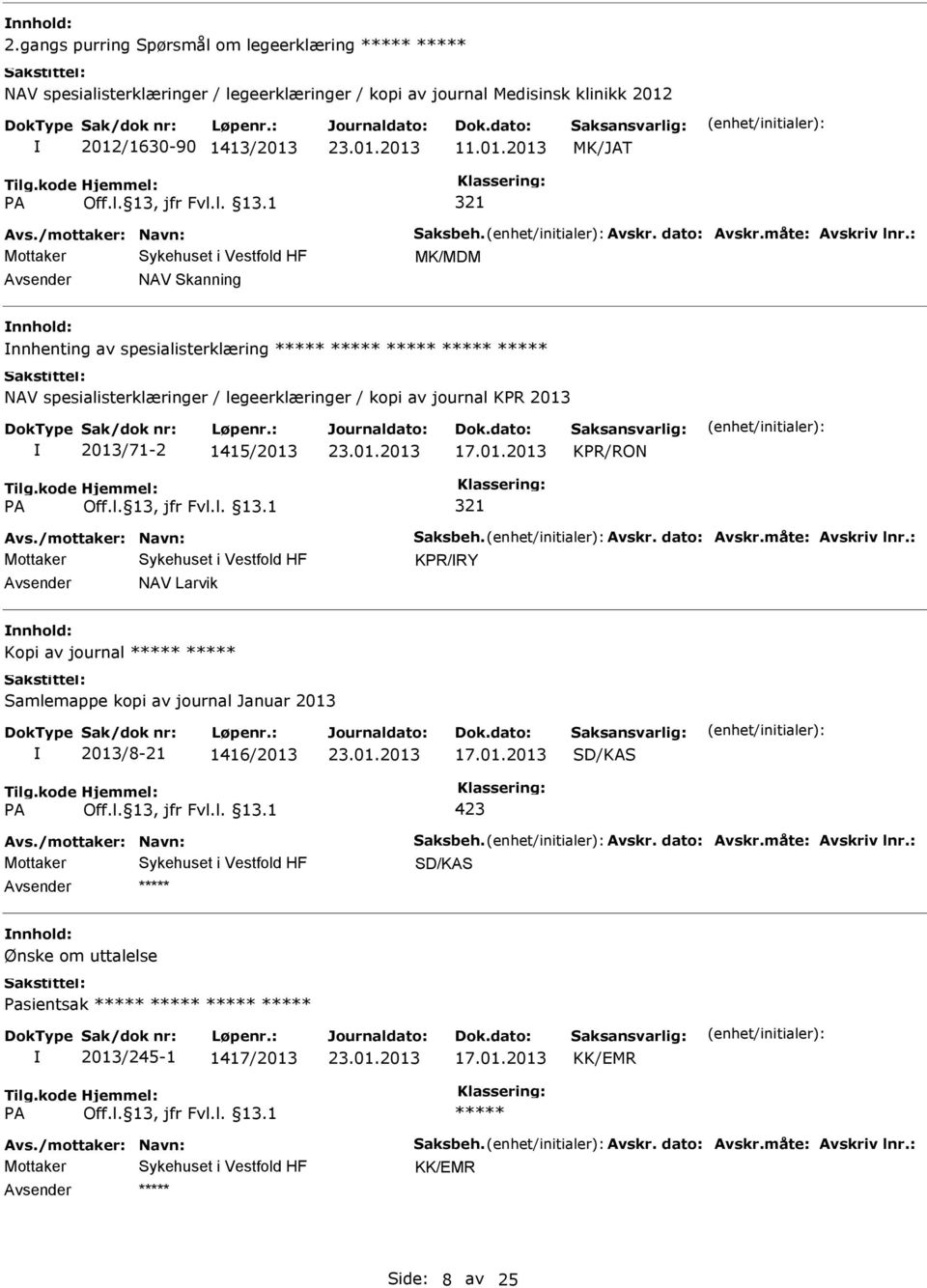 : MK/MDM NAV Skanning nnhold: nnhenting av spesialisterklæring NAV spesialisterklæringer / legeerklæringer / kopi av journal KPR 2013 2013/71-2 1415/2013 KPR/RON 321 Avs.