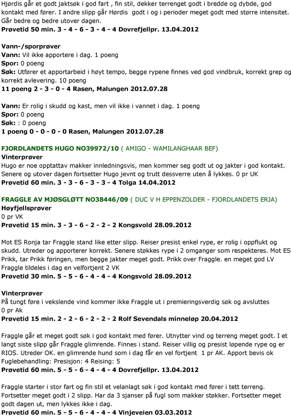 1 poeng Søk: Utfører et apportarbeid i høyt tempo, begge rypene finnes ved god vindbruk, korrekt grep og korrekt avlevering. 10 poeng 11 poeng 2-3 - 0-4 Rasen, Malungen 2012.07.