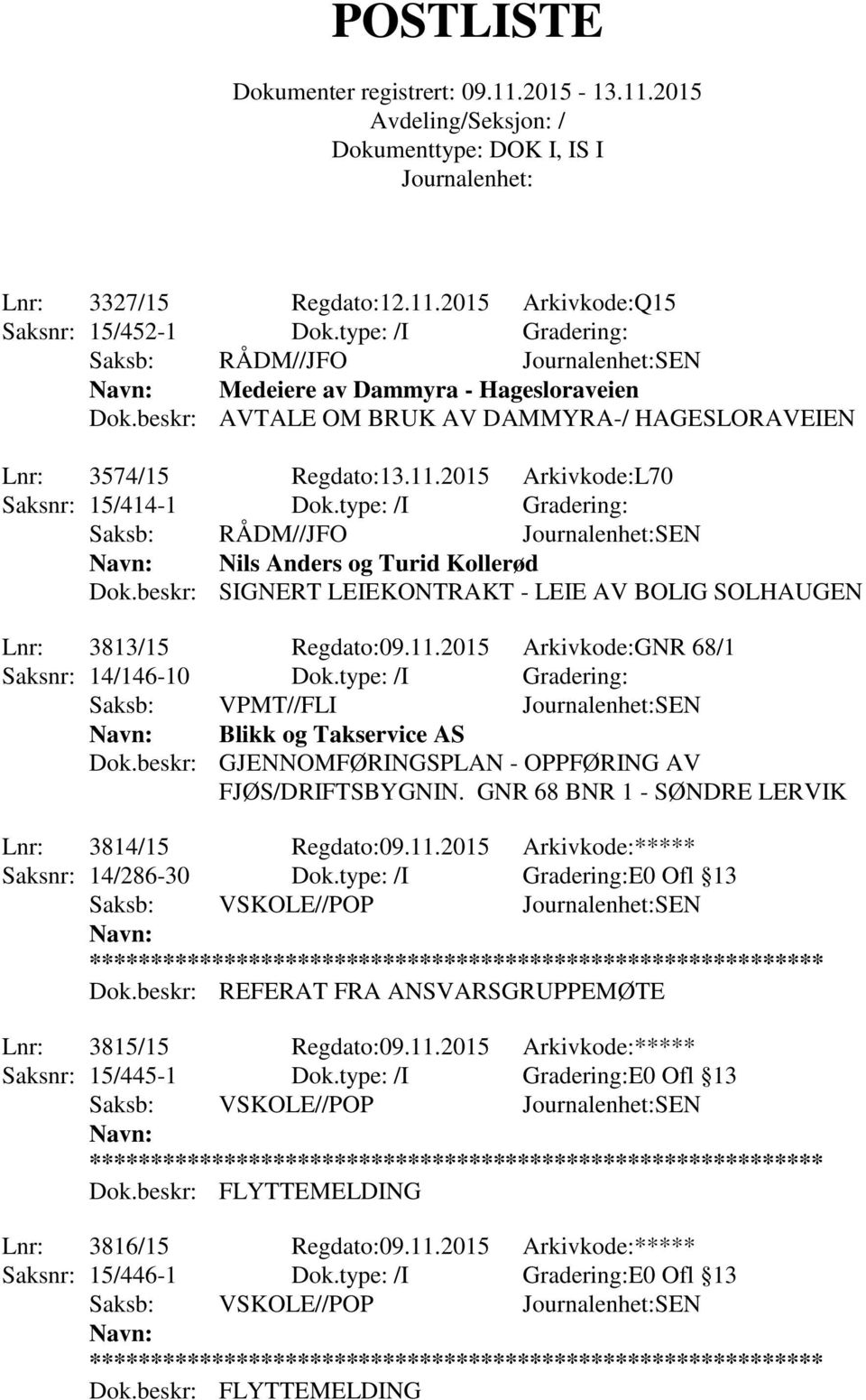 beskr: SIGNERT LEIEKONTRAKT - LEIE AV BOLIG SOLHAUGEN Lnr: 3813/15 Regdato:09.11.2015 Arkivkode:GNR 68/1 Saksnr: 14/146-10 Dok.type: /I Gradering: Saksb: VPMT//FLI SEN Blikk og Takservice AS Dok.