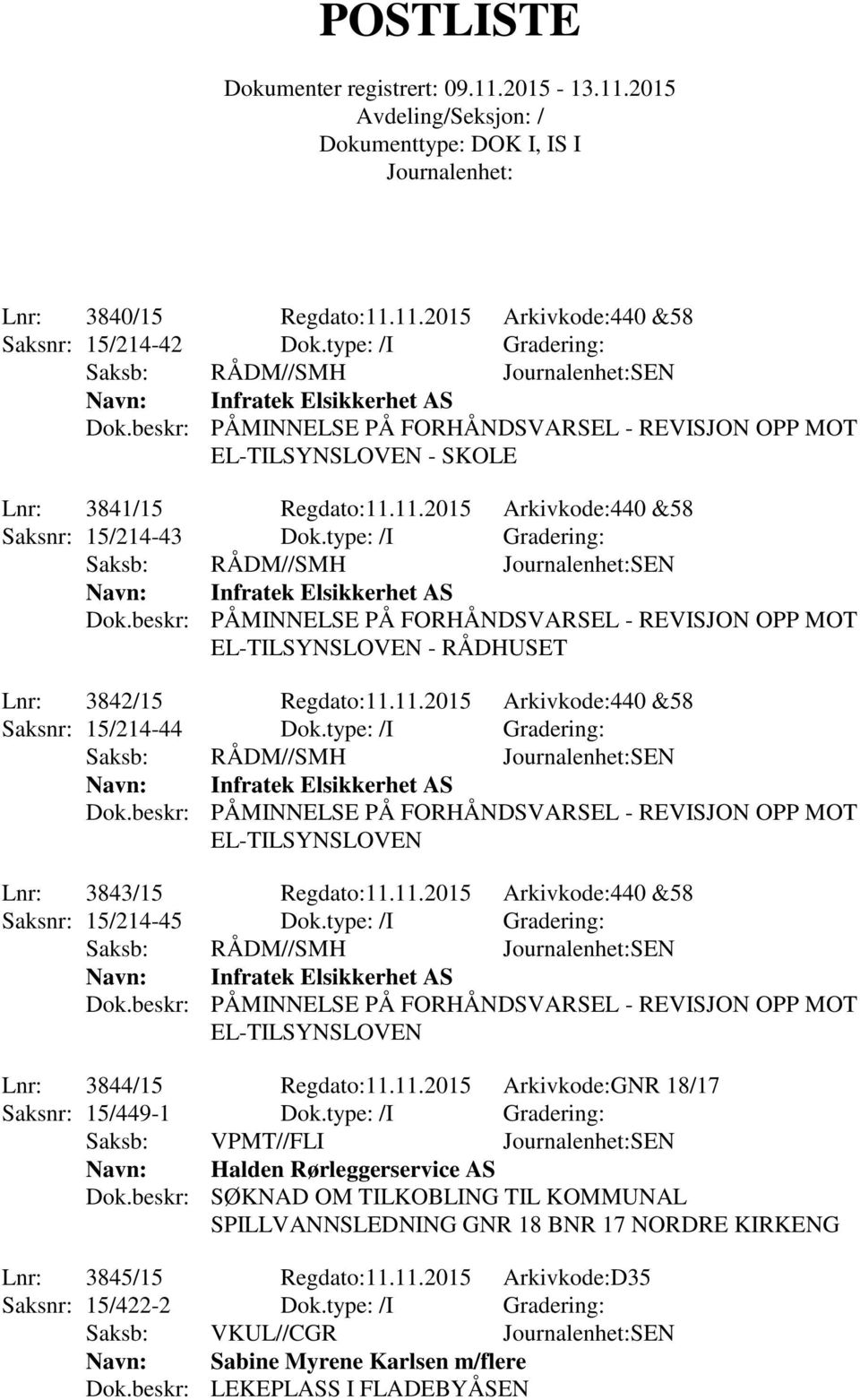type: /I Gradering: Saksb: RÅDM//SMH SEN Infratek Elsikkerhet AS EL-TILSYNSLOVEN Lnr: 3843/15 Regdato:11.11.2015 Arkivkode:440 &58 Saksnr: 15/214-45 Dok.