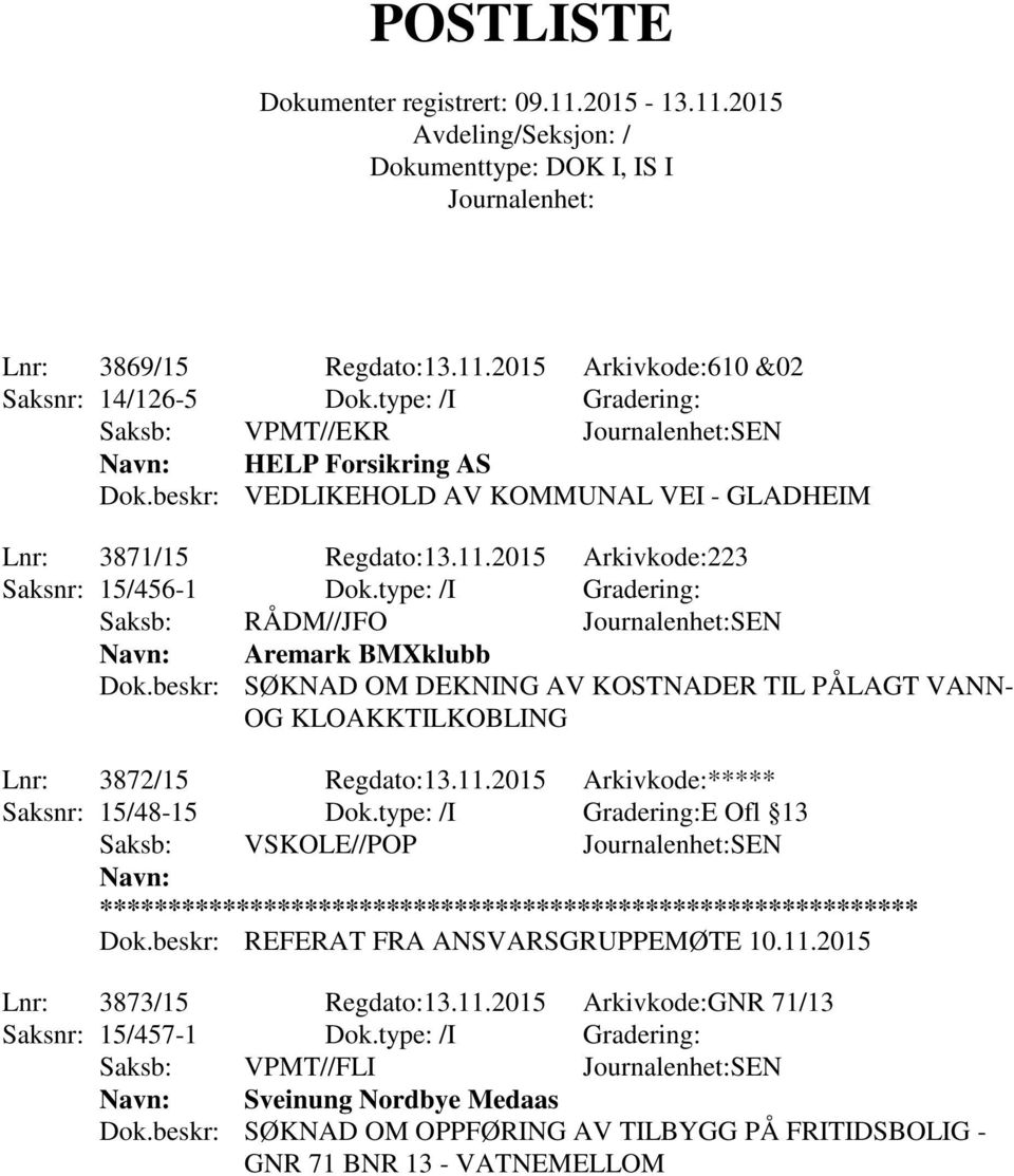 beskr: SØKNAD OM DEKNING AV KOSTNADER TIL PÅLAGT VANN- OG KLOAKKTILKOBLING Lnr: 3872/15 Regdato:13.11.2015 Arkivkode:***** Saksnr: 15/48-15 Dok.