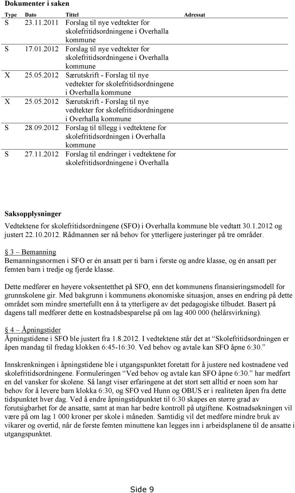 09.2012 Forslag til tillegg i vedtektene for skolefritidsordningen i Overhalla kommune S 27.11.