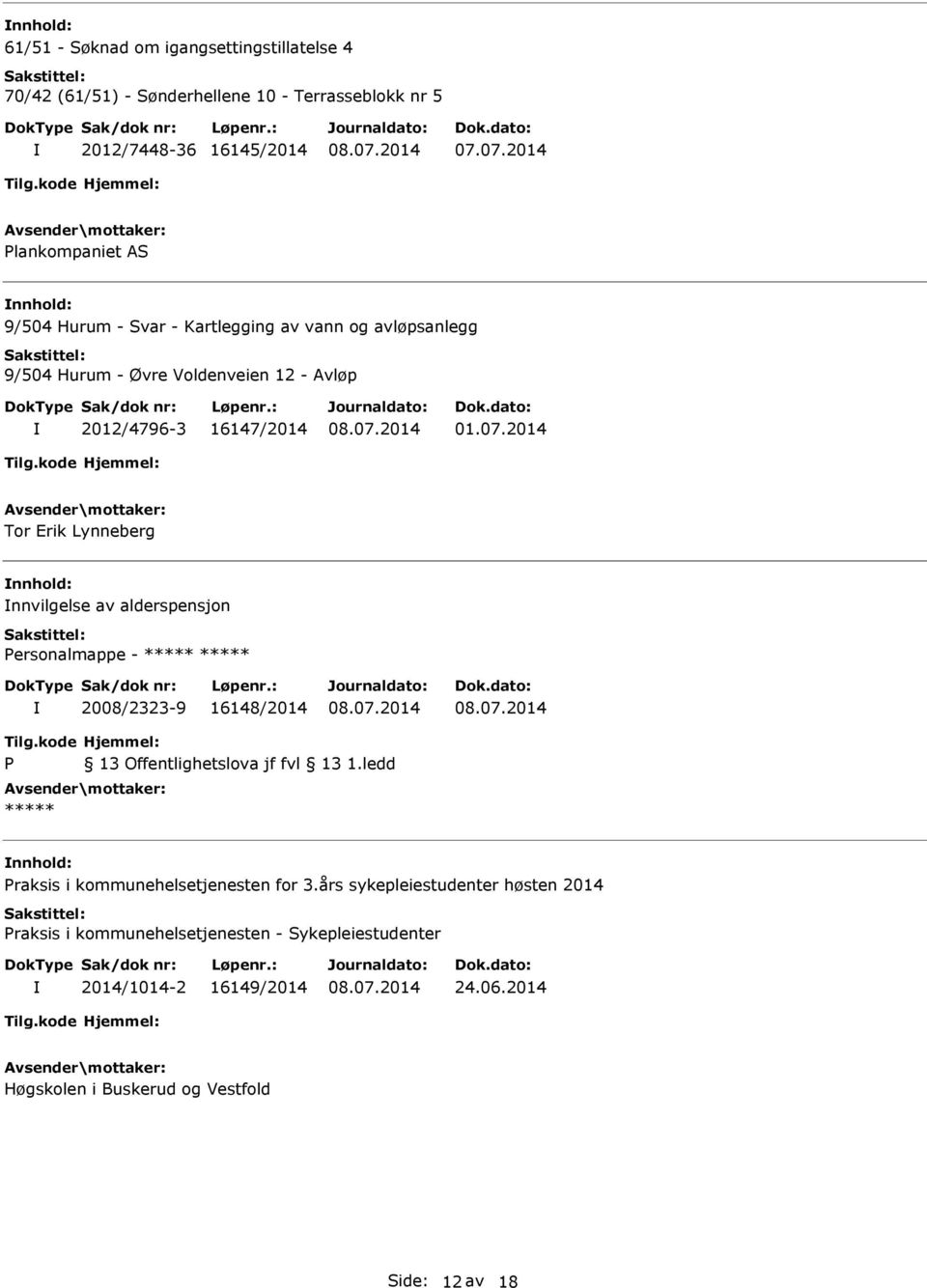 2014 Tor Erik Lynneberg nnhold: nnvilgelse av alderspensjon ersonalmappe - 2008/2323-9 16148/2014 nnhold: raksis i kommunehelsetjenesten for 3.