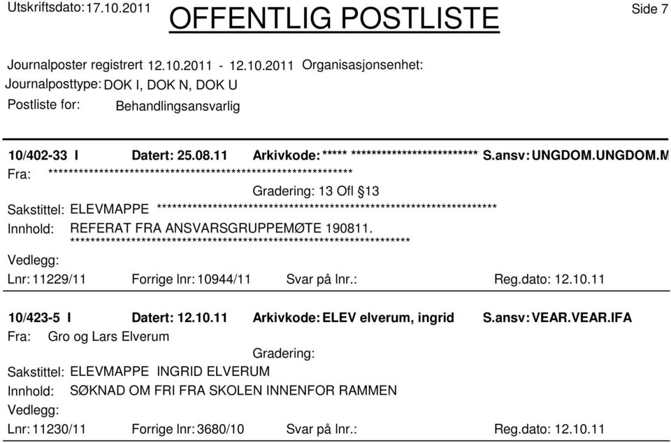 Lnr: 11229/11 Forrige lnr: 10944/11 Svar på lnr.: Reg.dato: 12.10.11 10/423-5 I Datert: 12.10.11 Arkivkode:ELEV elverum, ingrid S.