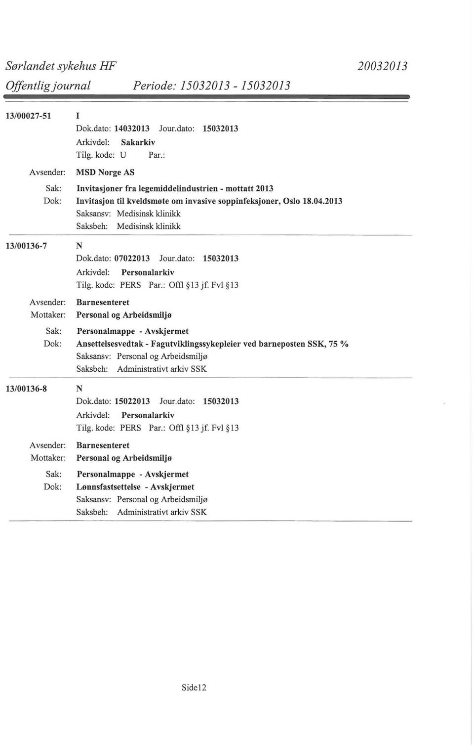 Fv1 13 Barnesenteret Personal og Arbeidsmiljø Personalmappe - Ansettelsesvedtak- Fagutviklingssykepleier ved barneposten SSK, 75 % Saksbeh: Administrativt arkiv SSK 13/00136-8 N