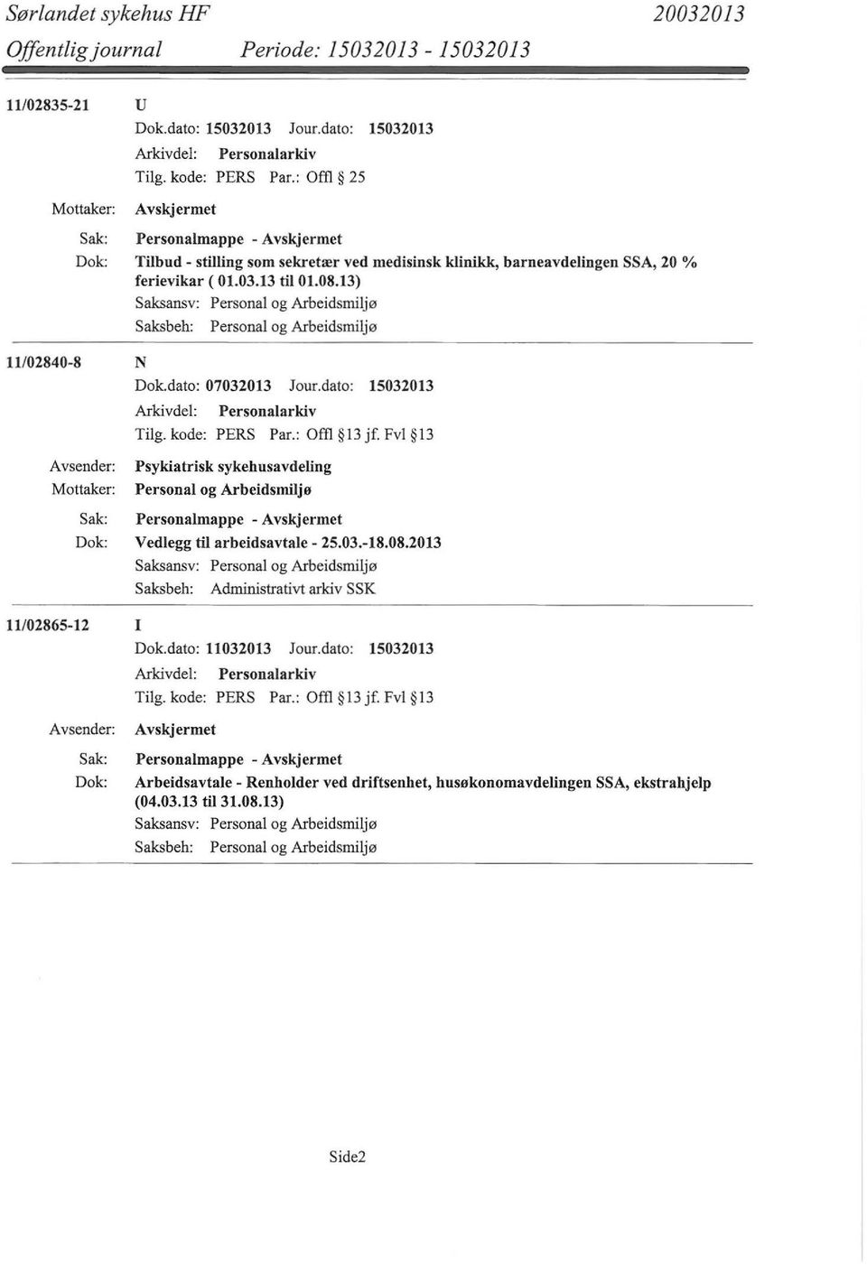 dato: 07032013 Jour.dato: 15032013 Tilg. kode: PERS Par.: Offi 13 jf. Fvl 13 Psykiatrisk sykehusavdeling Personal og Arbeidsmiljø Personalmappe - Vedlegg til arbeidsavtale- 25.03.-18.08.