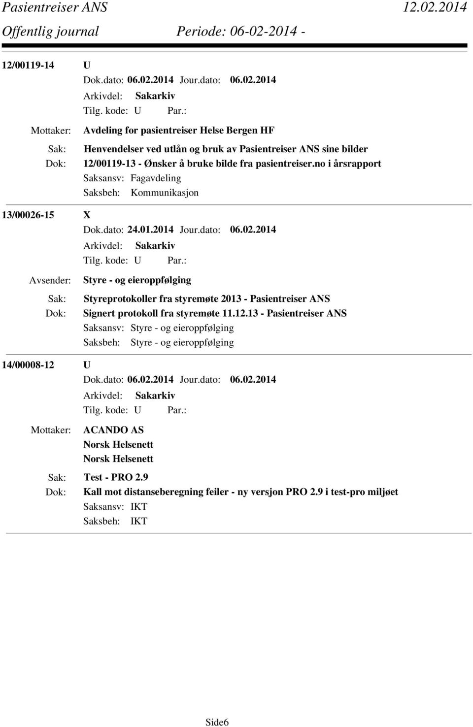 -15 X Dok.dato: 24.01.2014 Jour.dato: 06.02.2014 Styre - og eieroppfølging Styreprotokoller fra styremøte 2013 - Pasientreiser ANS Signert protokoll fra styremøte 11.