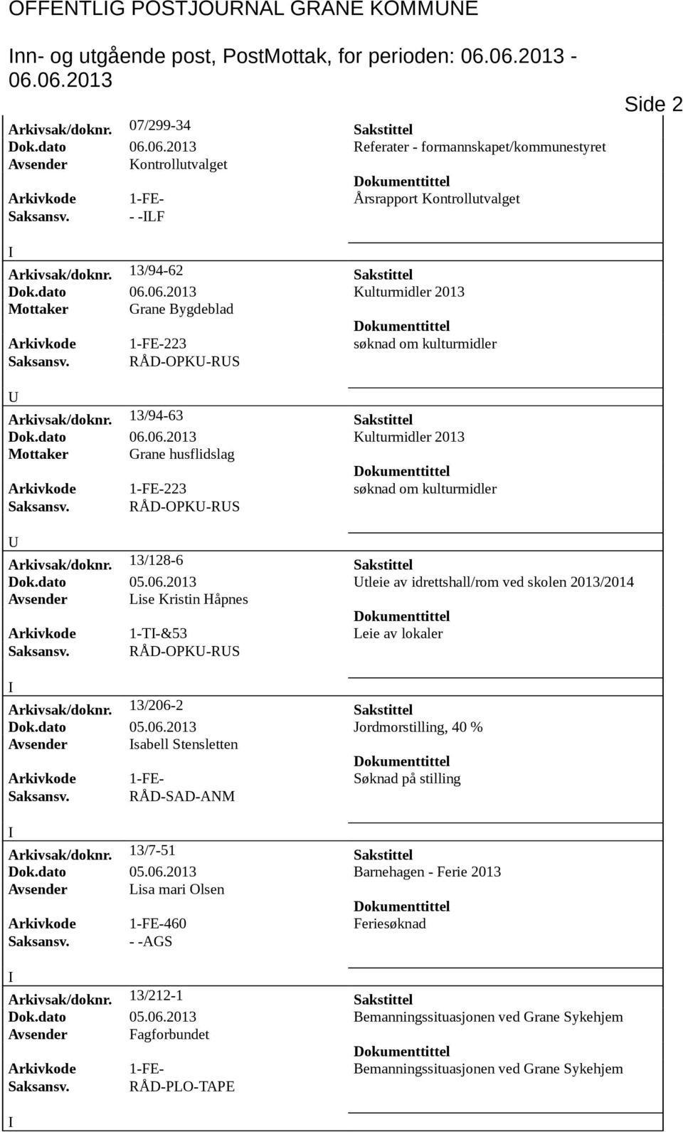 13/94-62 Sakstittel Mottaker Grane Bygdeblad Arkivkode 1-FE-223 søknad om kulturmidler Saksansv. RÅD-OPK-RS Arkivsak/doknr.