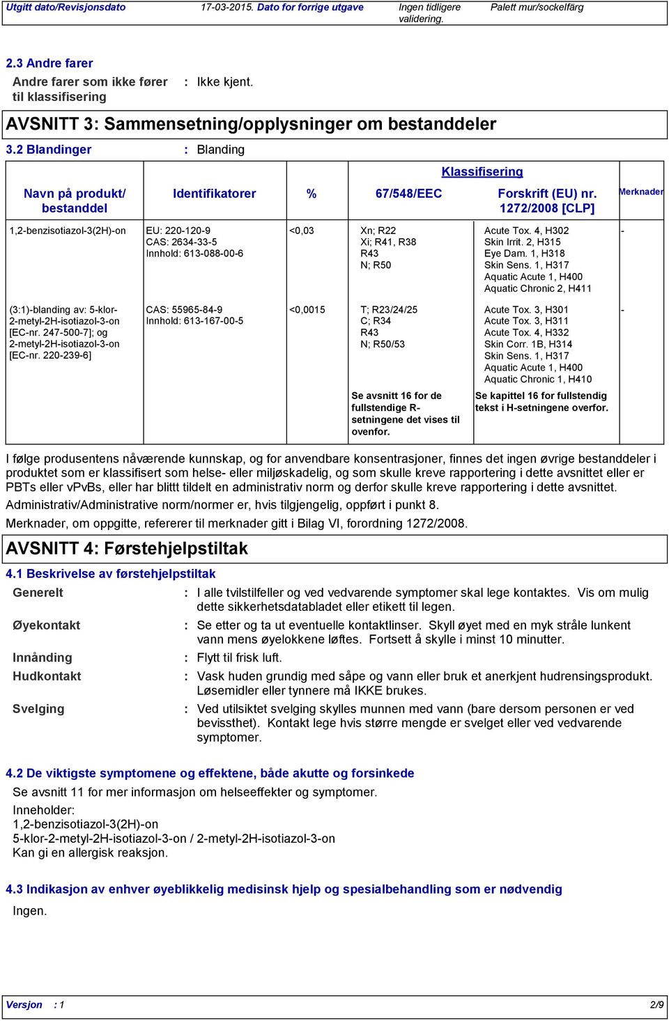4, H302 CAS 2634335 Xi; R41, R38 Skin Irrit. 2, H315 Innhold 613088006 R43 Eye Dam. 1, H318 N; R50 Skin Sens.