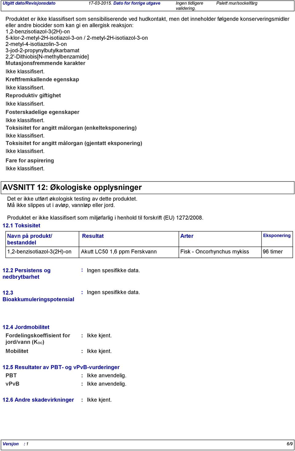 giftighet Fosterskadelige egenskaper Toksisitet for angitt målorgan (enkelteksponering) Toksisitet for angitt målorgan (gjentatt eksponering) Fare for aspirering AVSNITT 12 Økologiske opplysninger