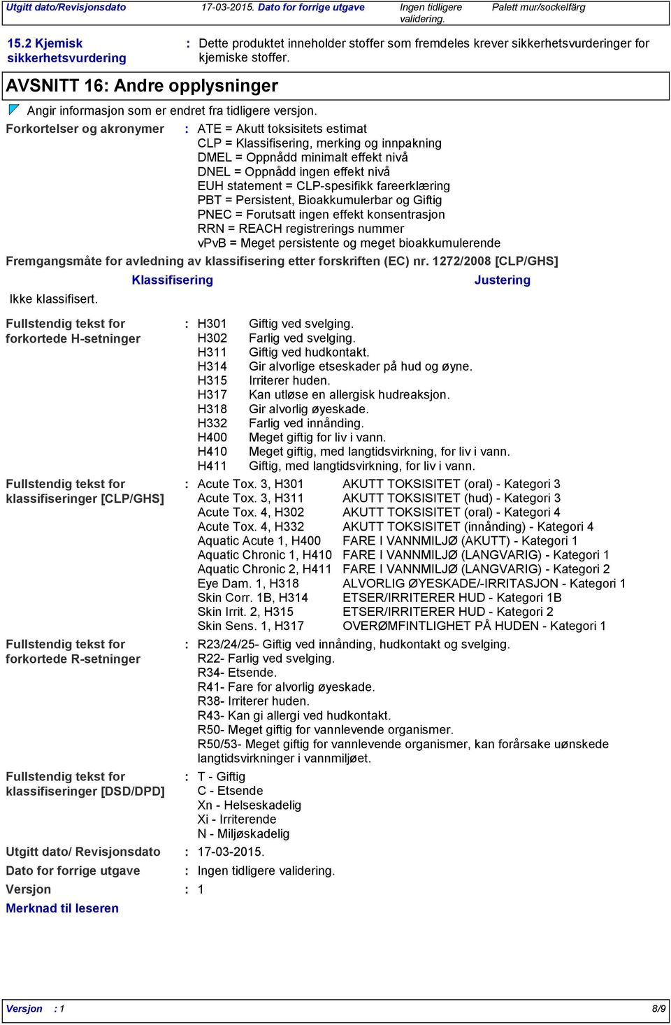 Forkortelser og akronymer ATE = Akutt toksisitets estimat CLP = Klassifisering, merking og innpakning DMEL = Oppnådd minimalt effekt nivå DNEL = Oppnådd ingen effekt nivå EUH statement = CLPspesifikk