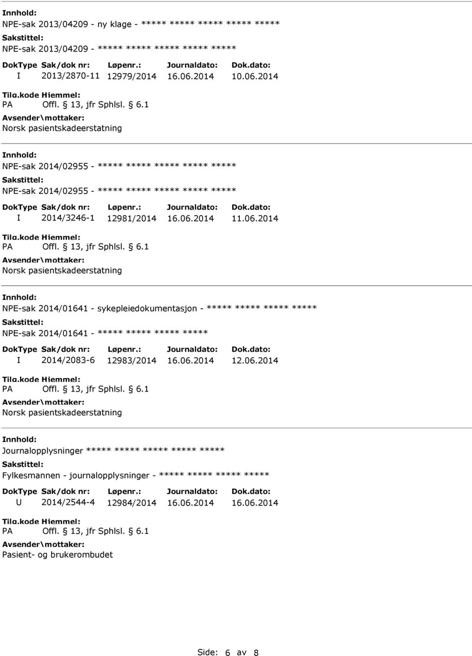 2014/01641 - sykepleiedokumentasjon - ***** ***** ***** ***** NPE-sak 2014/01641 - ***** ***** ***** ***** 2014/2083-6 12983/2014 12.06.