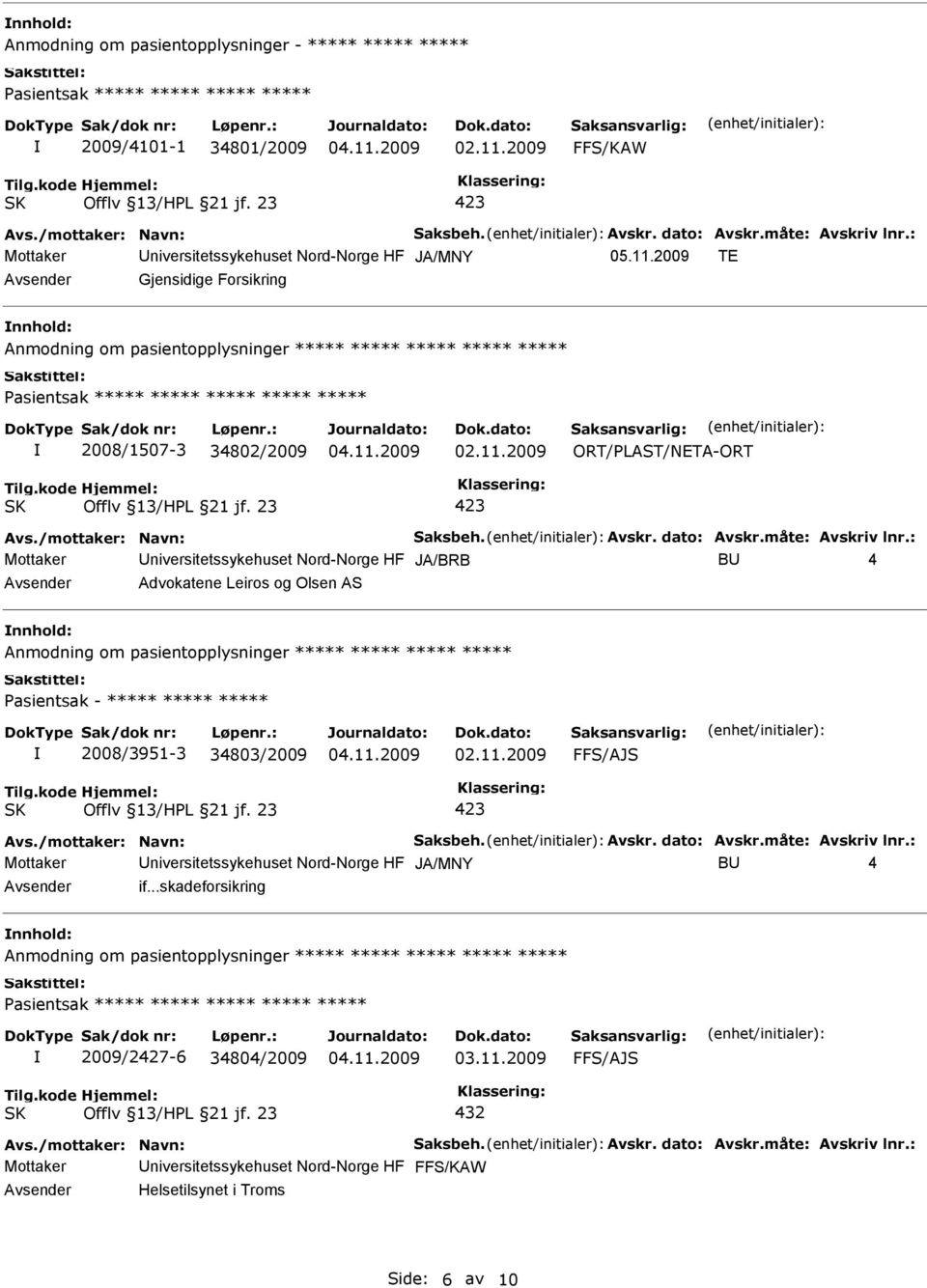 HF JA/BRB B 4 Advokatene Leiros og Olsen AS Anmodning om pasientopplysninger ***** ***** ***** ***** Pasientsak - ***** ***** ***** 2008/3951-3 34803/2009 FFS/AJS Mottaker