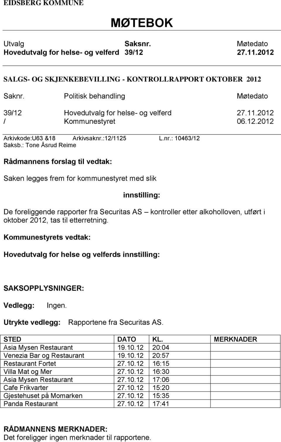 : Tone Åsrud Reime Rådmannens forslag til vedtak: Saken legges frem for kommunestyret med slik innstilling: De foreliggende rapporter fra Securitas AS kontroller etter alkoholloven, utført i oktober