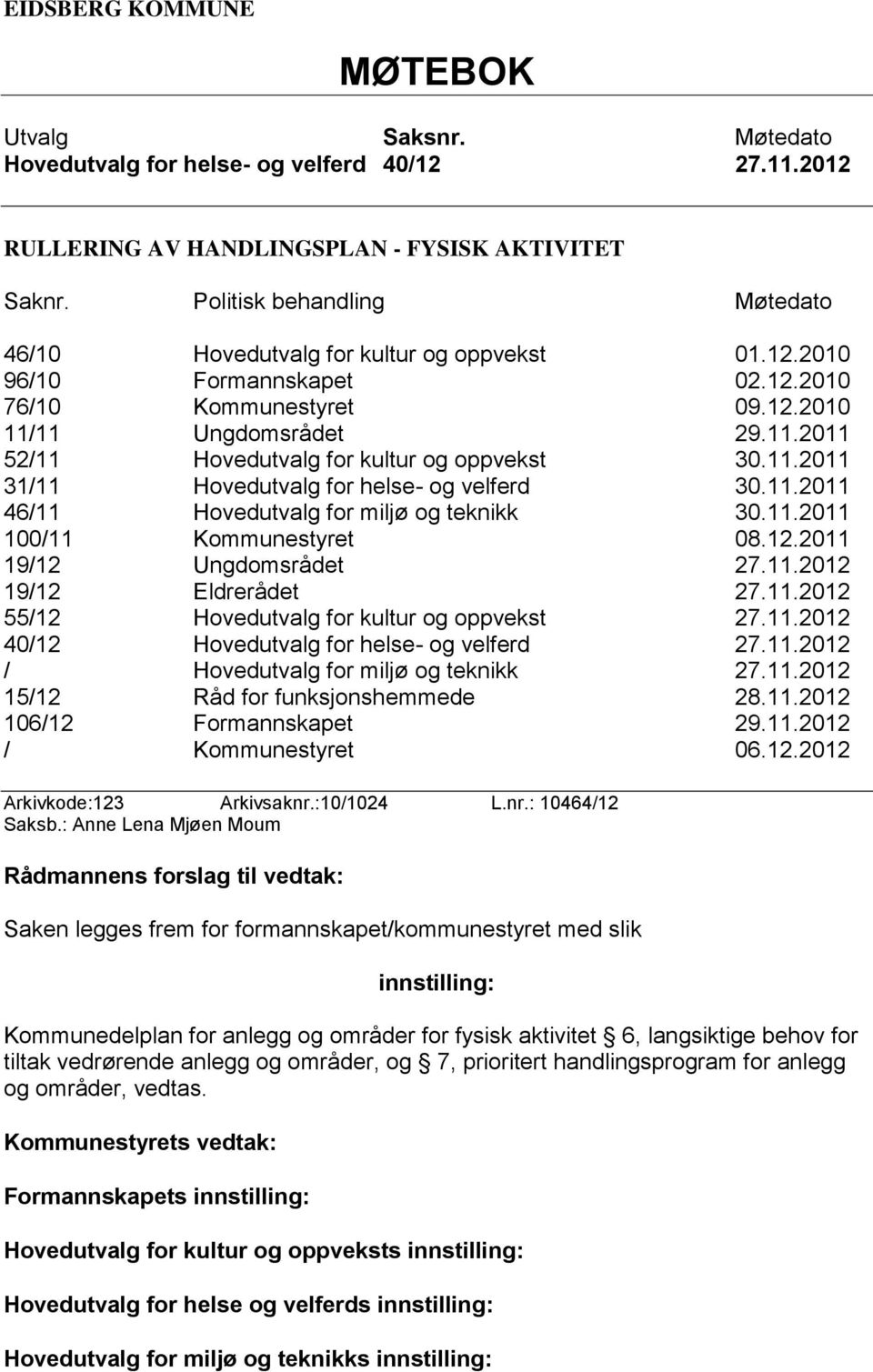 11.2011 31/11 Hovedutvalg for helse- og velferd 30.11.2011 46/11 Hovedutvalg for miljø og teknikk 30.11.2011 100/11 Kommunestyret 08.12.2011 19/12 Ungdomsrådet 27.11.2012 19/12 Eldrerådet 27.11.2012 55/12 Hovedutvalg for kultur og oppvekst 27.